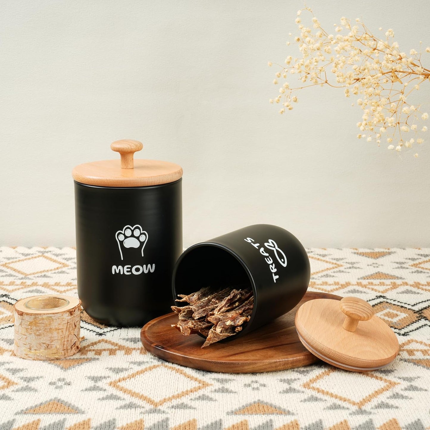 Cat Treat Container with Airtight Lid, Cat Food Oganizer Dry Food, Cat Food Storage Containers, Pet Treats Canister, Cat Treat Jar Set of 2-8.3x4.9 & 7.1x4.3 (Black)