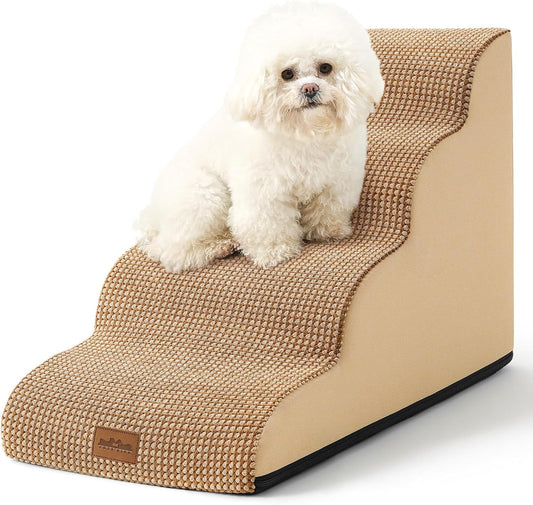 Dog Stairs for Small Dogs 19.7" H, Curved Dog Step for Puppy, Older or Cat, Medium Pet Ramp for Sofa, Couch or Bed, Ladder with High Density Foam, 15.7x28.3x19.7 inch, 4 Step, Light Brown