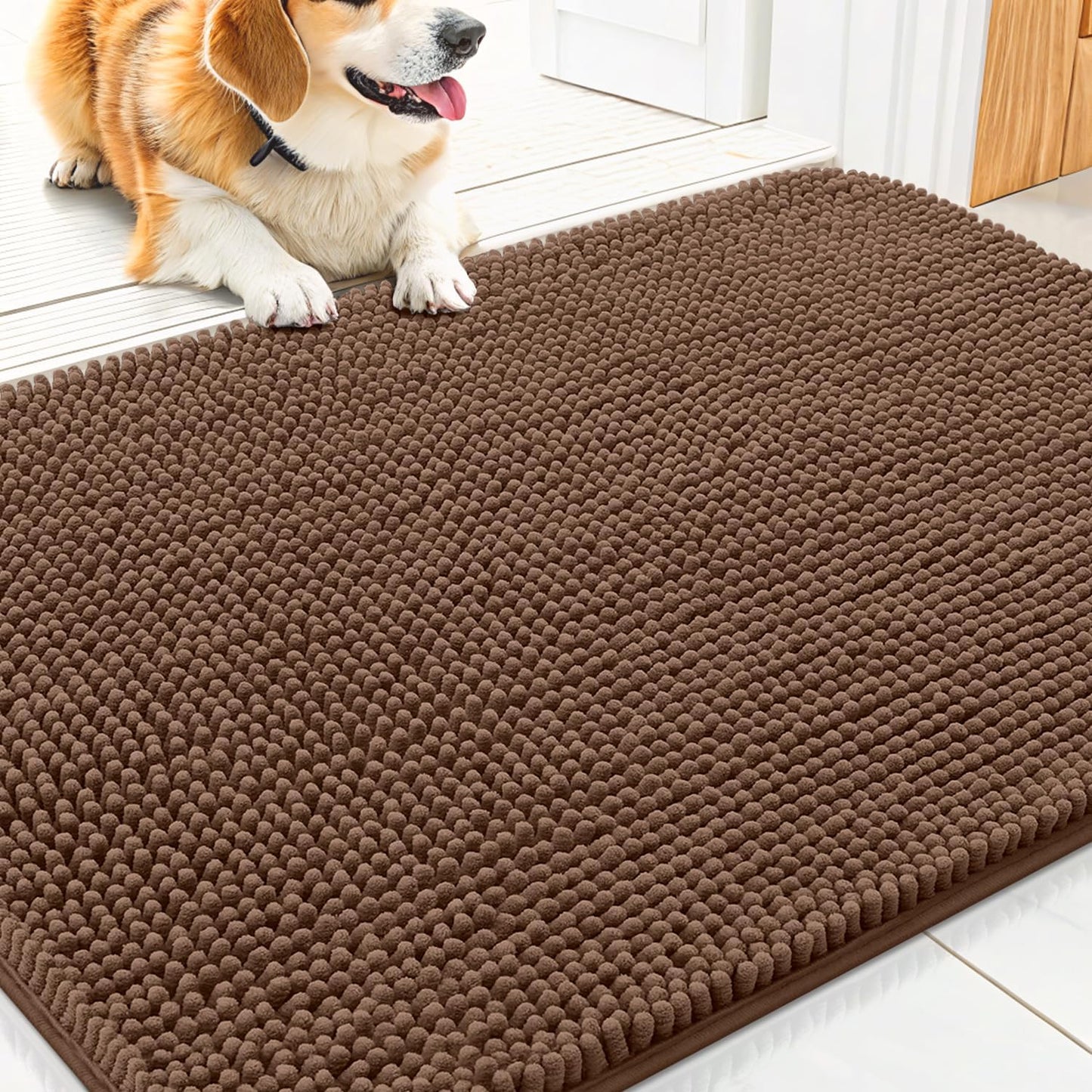 Smiry Dog Door Mat for Muddy Paws 30x20, Absorbs Moisture and Dirt Doormat, Non-Slip Washable Quick Dry Chenille Front Door Mat Indoor Entrance, Entryway Carpet for Inside Floor, Mocha