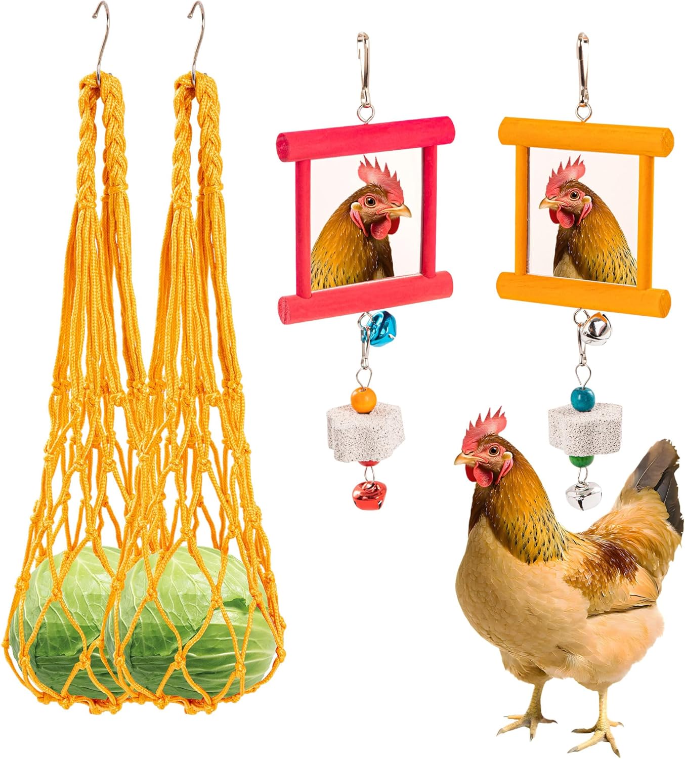 6 PCS Chicken Toys for Coop, 2PCS Chicken Mirror Toys 2 PCS Hanging Vegetable Fruits Feeders and 2 PCS Beak Grinding Molar Stones with Bell for Hen Birds Parrots