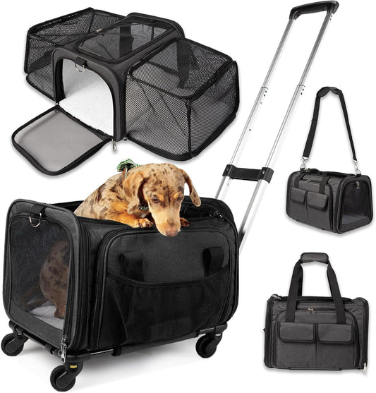 Pet Carrier with Wheels | United Delta American Frontier Airline Approved | Two Expandable Sides, Storage Pockets Adjustable Leash | Rolling Dog and Cat Carrier TSA Compliant (Charcoal)