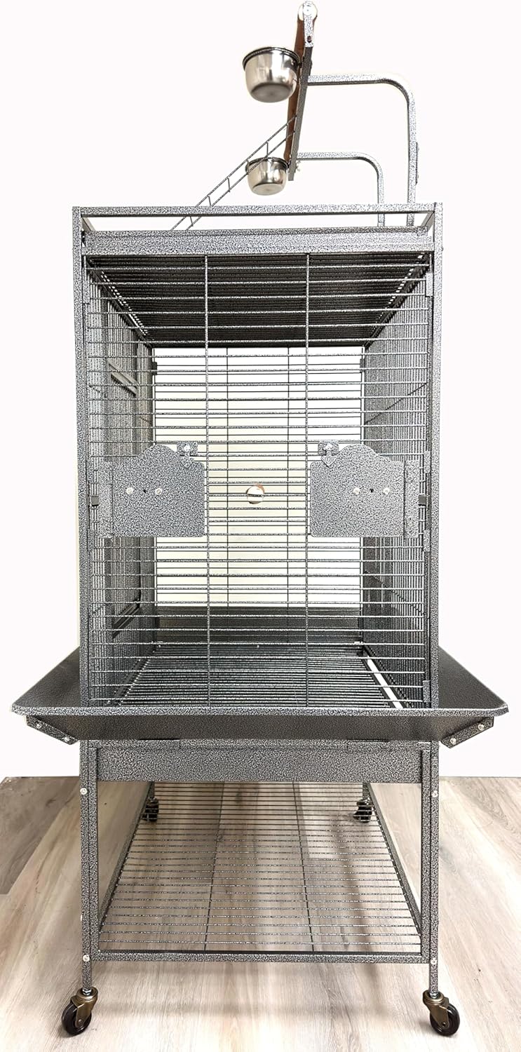 X-Large Elegant and Durable Wrought Iron Play Ground Perch Stand Top Climbing Ladder Bird Parrot Rolling Metal Cage with Around Seed Guard Storage Shelf On Heavy Duty Lockable Rolling Wheels