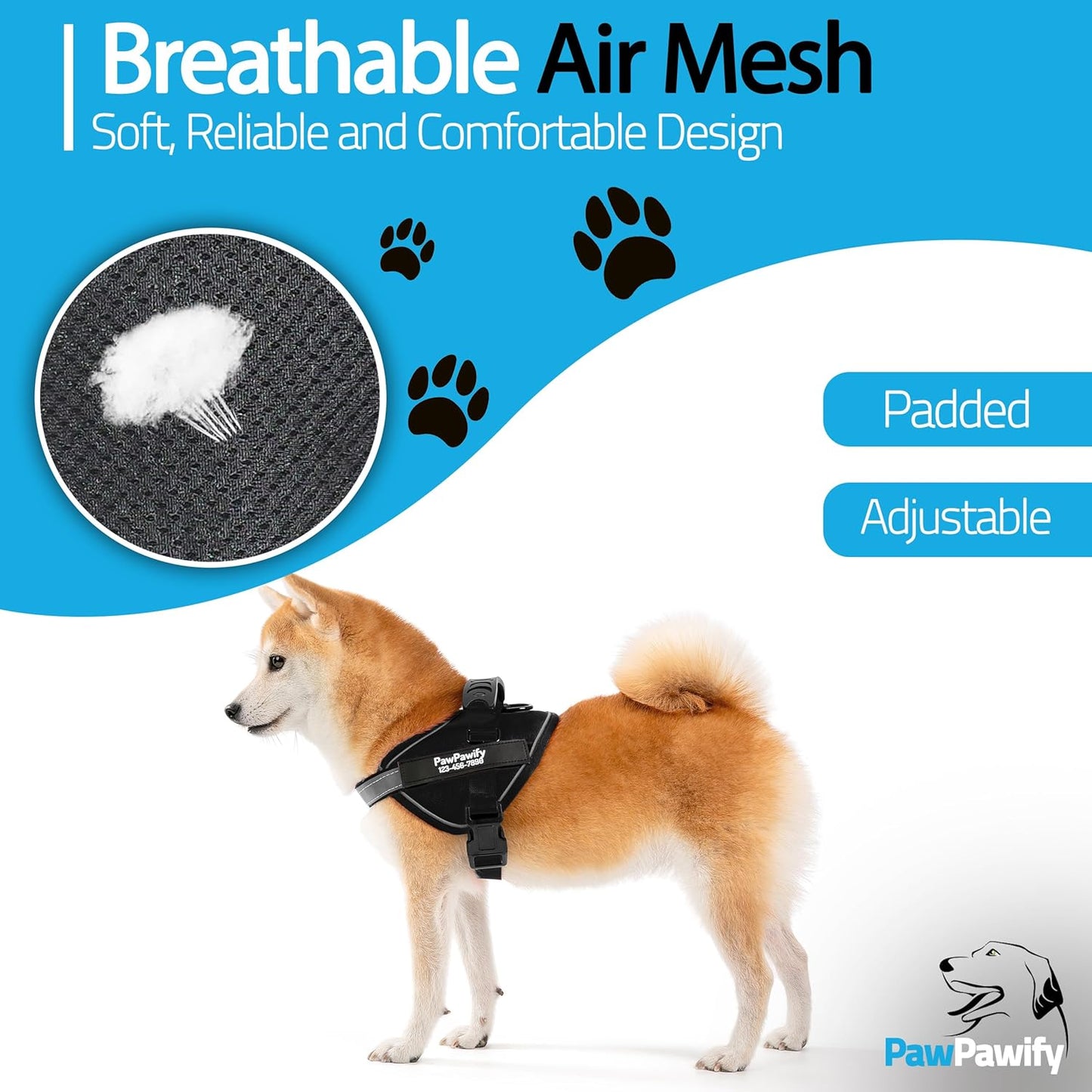 PawPawify Custom No Pull Dog Harness with Name and Phone Number, Heavy Duty Personalized Pet Vest to Prevent Tugging, Pulling, or Choking, Training and Walking (New Black, S (10-19LBS))
