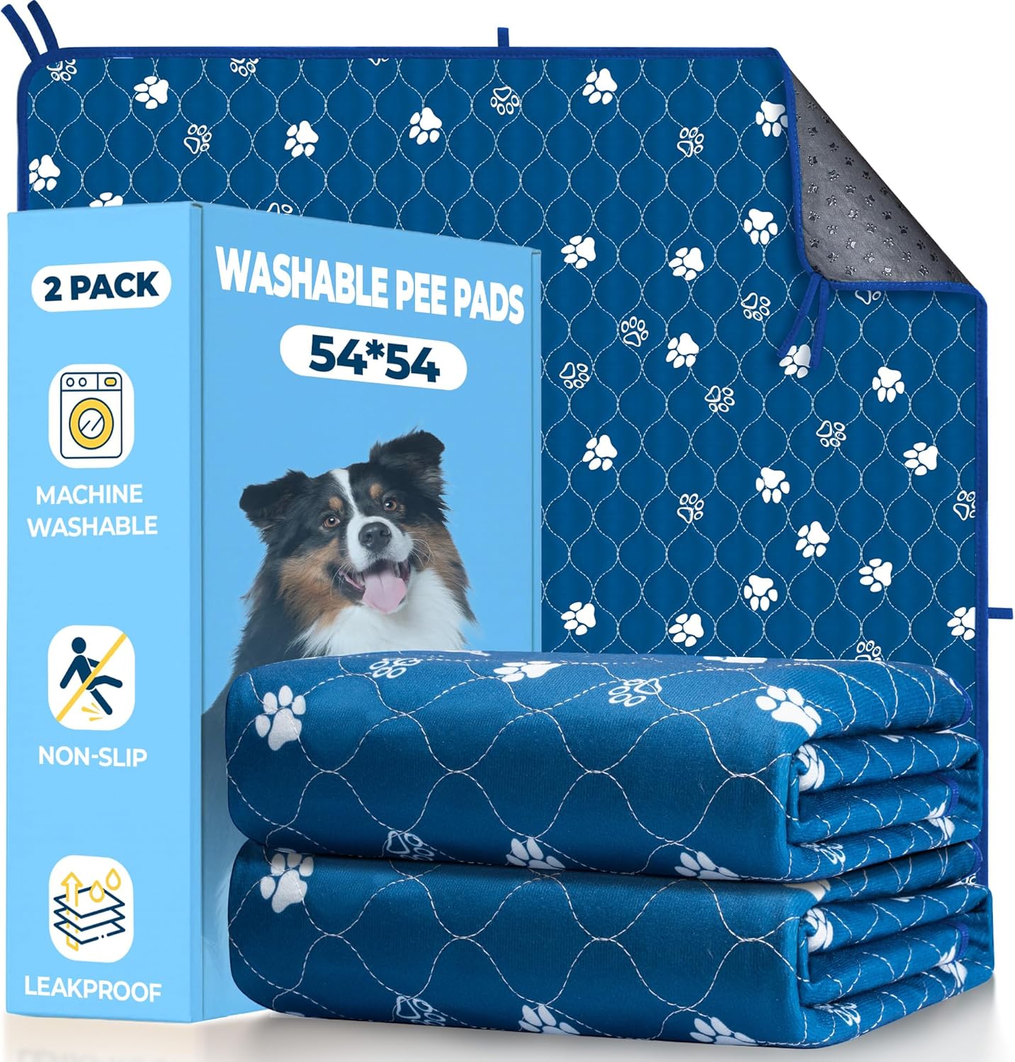 Fostanfly Washable Pee Pads for Dogs, 2 Pack Large 54"x54" Ultra-Absorbent and Leak-Proof Non-Slip Reusable Potty Training Pads for Dogs, Puppy & Cats of Add 8 Lanyards-Blue