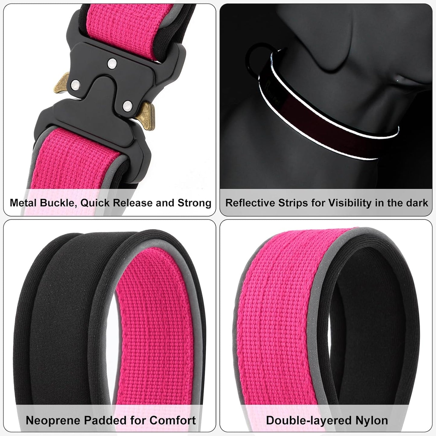 Plutus Pet Tactical Dog Collar, Reflective, Adjustable Heavy Duty Dog Collar, Soft Padded and Comfortable, for Small Medium and Large Dogs (Hot Pink, M)