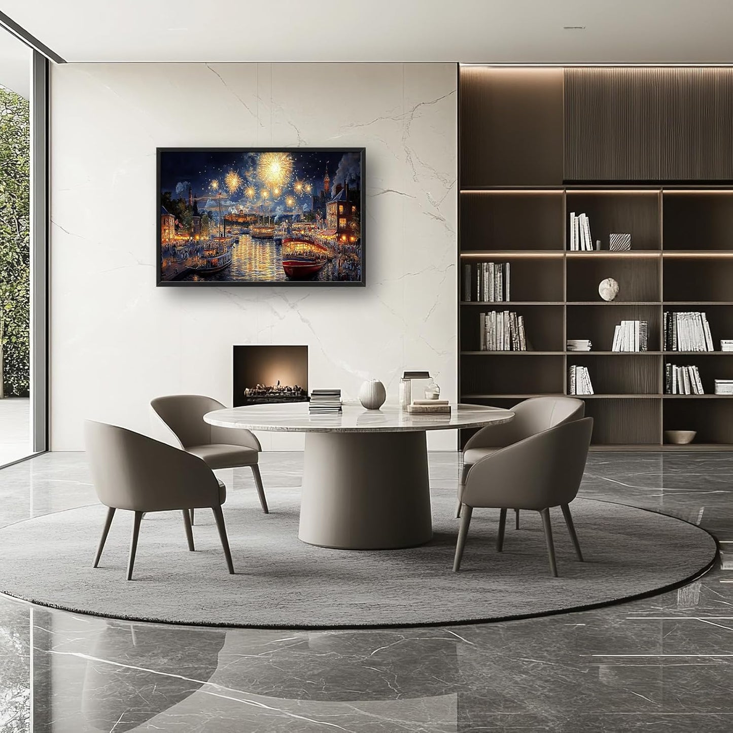 Framed Large Firework Night Sky Wall Art, Oversized European City Landscape Wall Decor for Living Room, River Boats Canvas Pictures Home Decoration for Living Room Bedroom Office 36"x24"