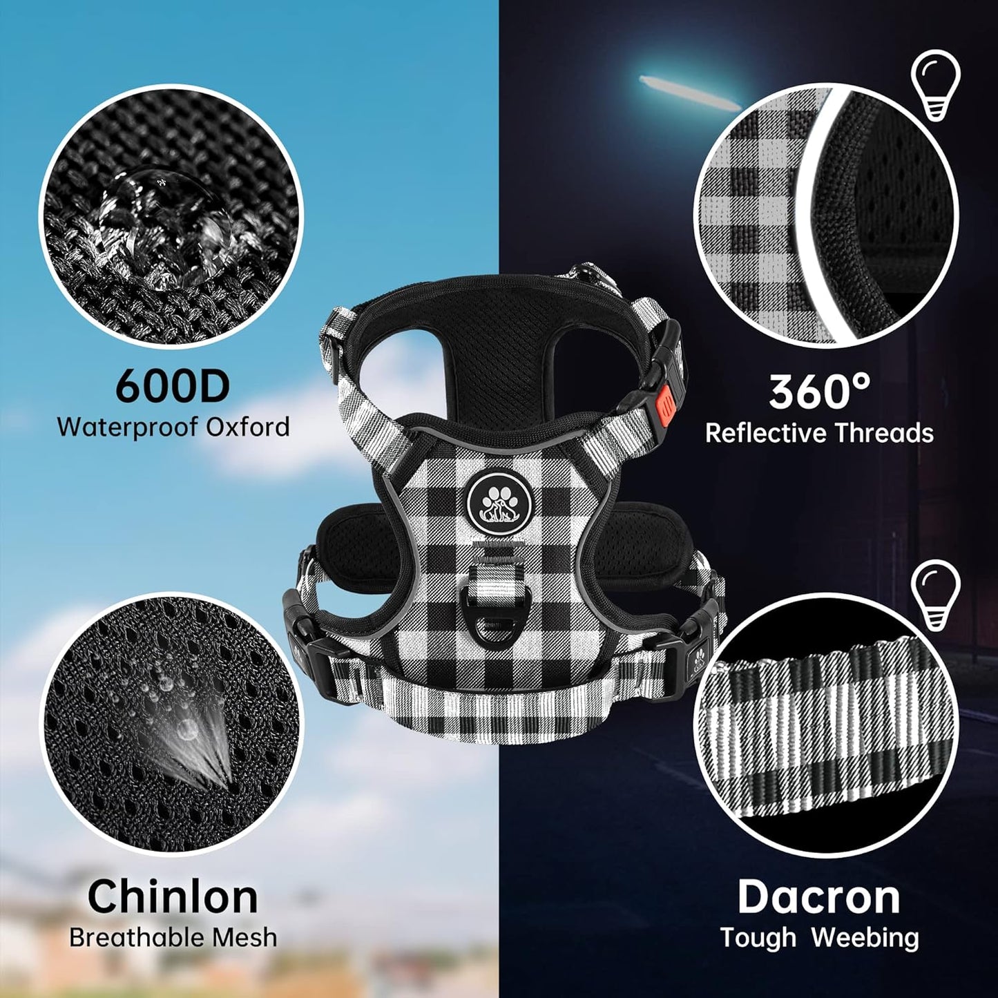 NESTROAD Dog Harness (Checkered Black,S) with Leash, Reflective, Adjustable, Soft Padded, Easy Control Handle, for Small Dogs, Front & Rear Clip Design