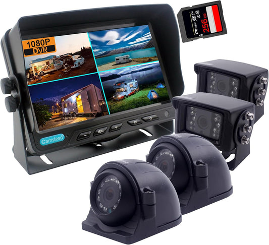 10 inch Screen 1080P Backup Camera System with Wired, DVR Recorder, Quad Split Screen, Car Monitor + 2X Waterproof Reversing Cameras + 2X Safety Sides Camera, for Camper, Trailers, Truck, RV