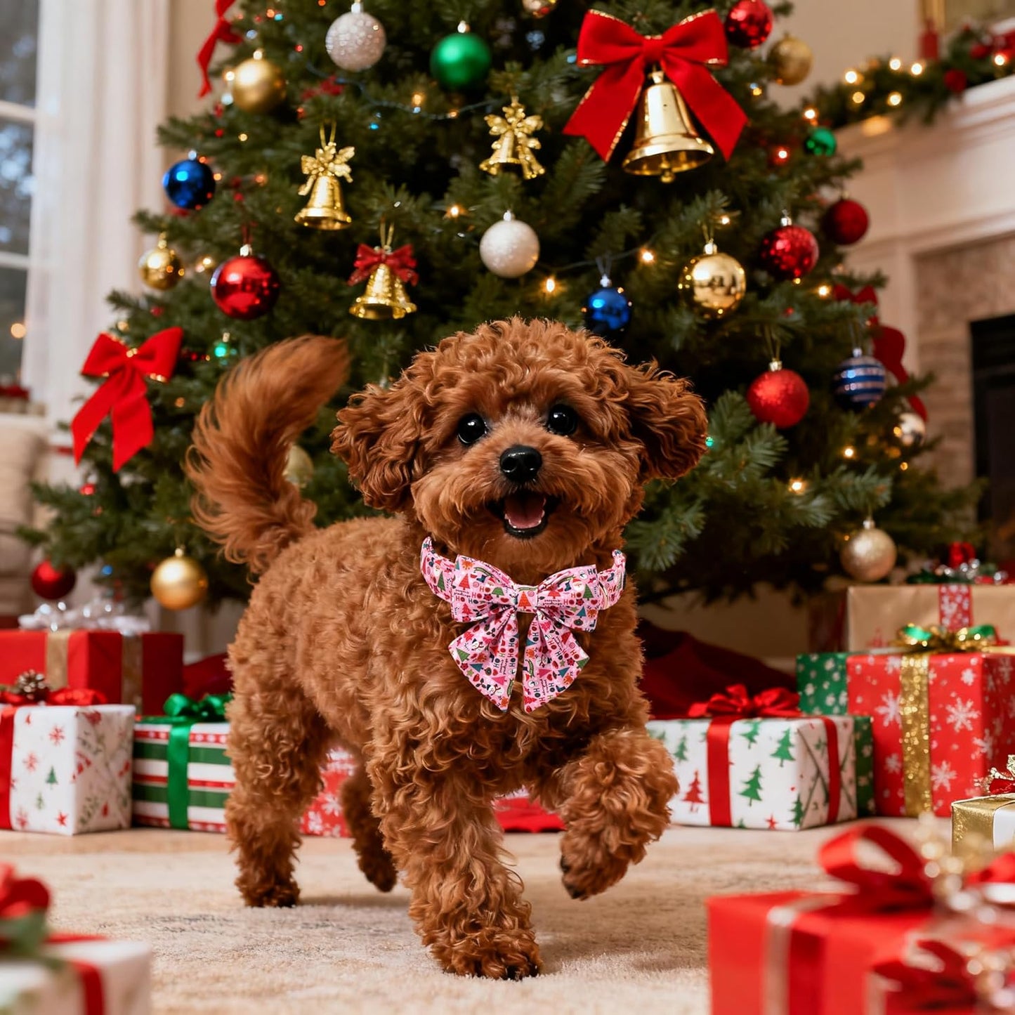 Lionet Paws Christmas Dog Collar with Sailor Bow, Cute Ho Christmas Tree Snowman Pink Dog Collar Bow Tie for Puppies and Cats, XS, Neck 8-12 inches