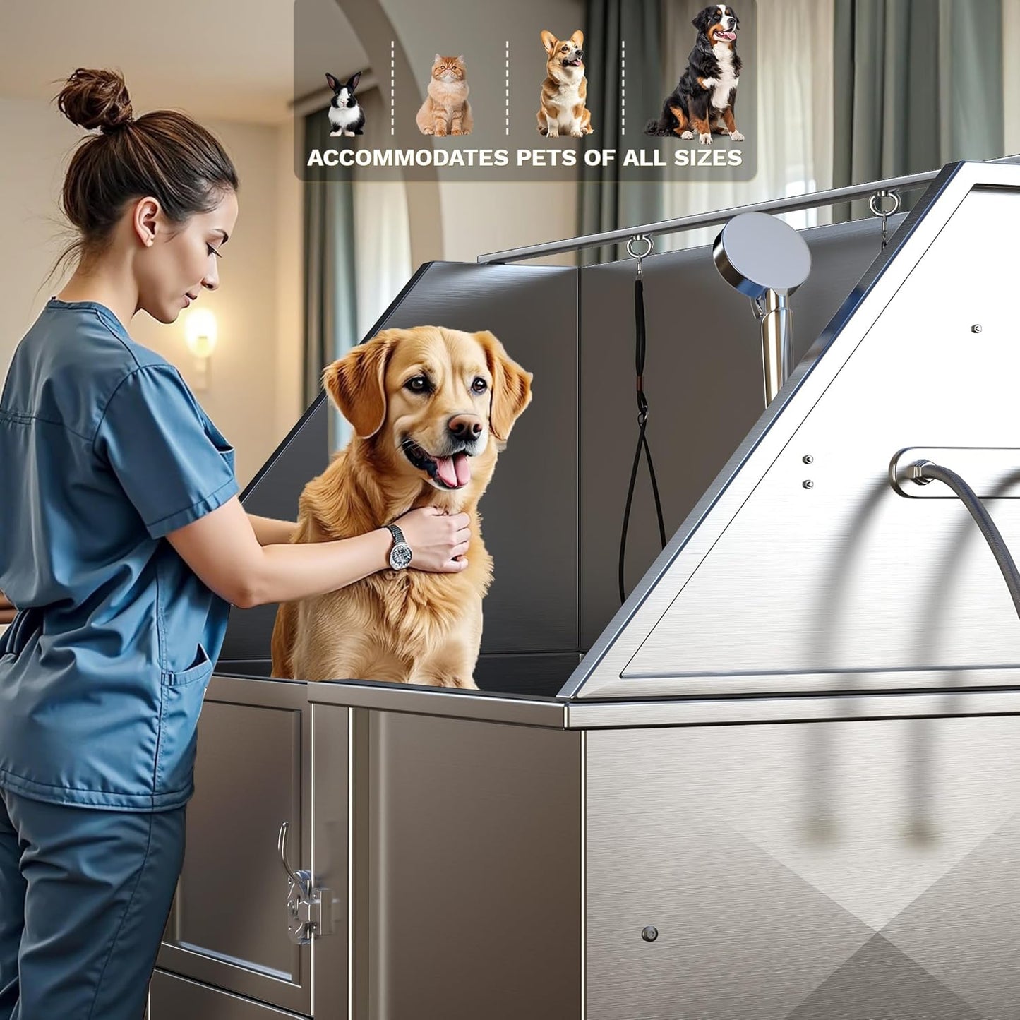 DWVO Professional Pet Dog Bathing Station for Grooming, 50'' Dog Grooming Bathtub with Left Stairs, Floor Grate, Faucet, Showerhead & Soap Holder for Large, Medium & Small Pets