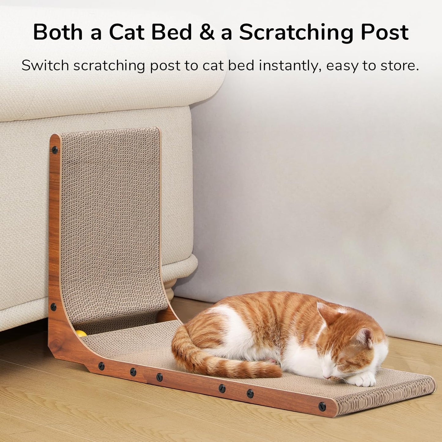 FUKUMARU Cat Scratcher, 26.8 Inch Cat Scratch Pad for Indoor Cats, L Shaped Cardboard Vertical Cats Scratching Board with Ball Toy, Walnut Color, 1 Pack