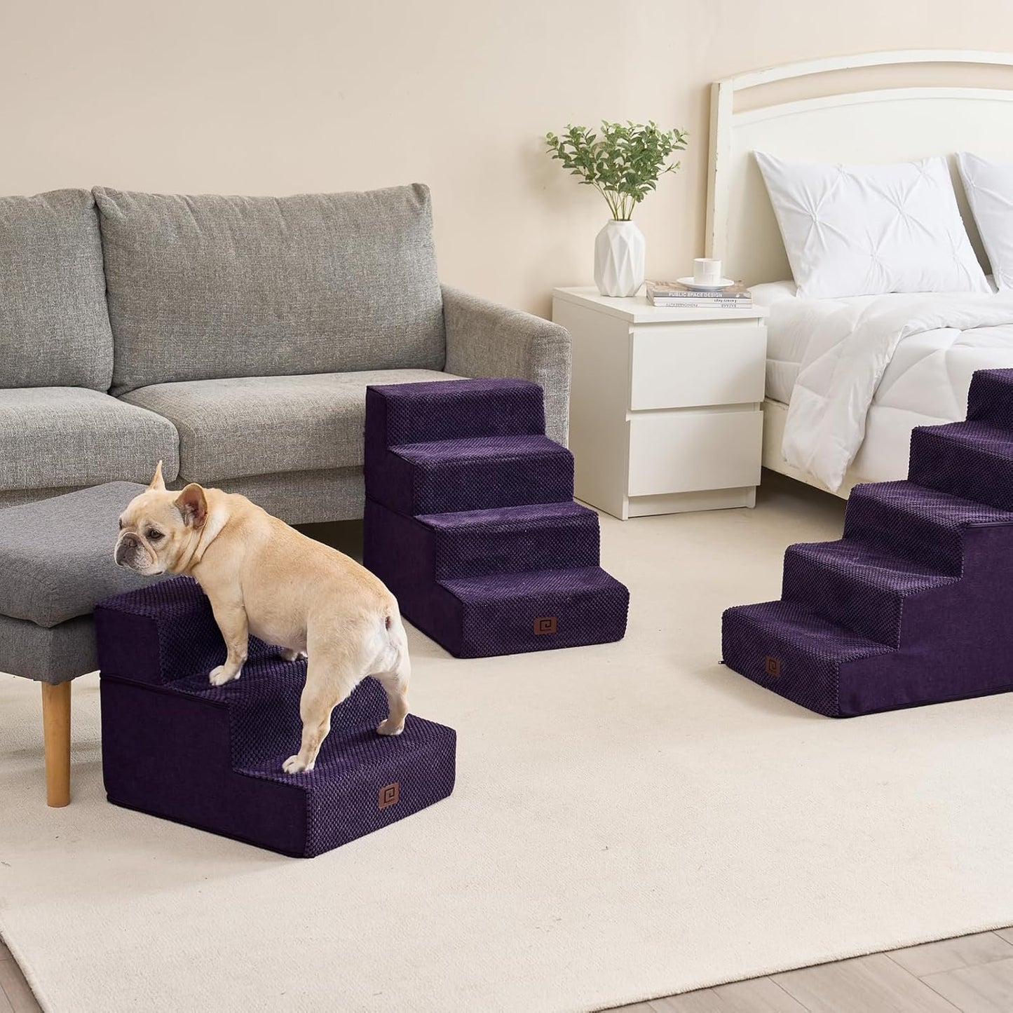 EHEYCIGA Dog Stairs for Small Dogs 13.5" H, 3-Step Dog Steps for Couch Sofa and Chair, Pet Steps for Medium Cats, Non-Slip Balanced Pet Ramp Indoor, Purple