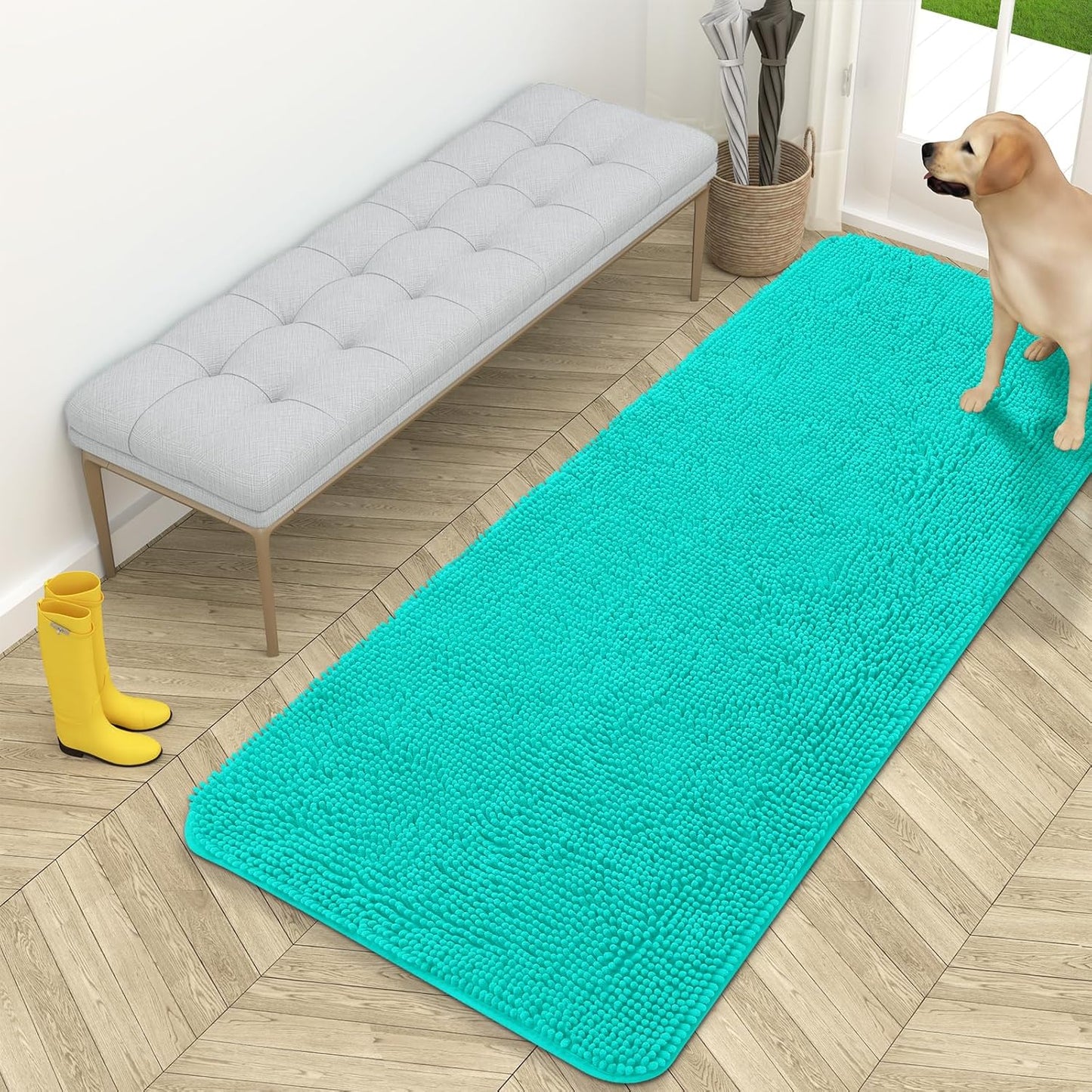 OLANLY Dog Door Mat for Muddy Paws 59x24, Absorbs Moisture and Dirt, Absorbent Non-Slip Washable Doormat, Quick Dry Chenille Mud Mat for Dogs, Entry Indoor Entryway Carpet for Inside Floor, Teal