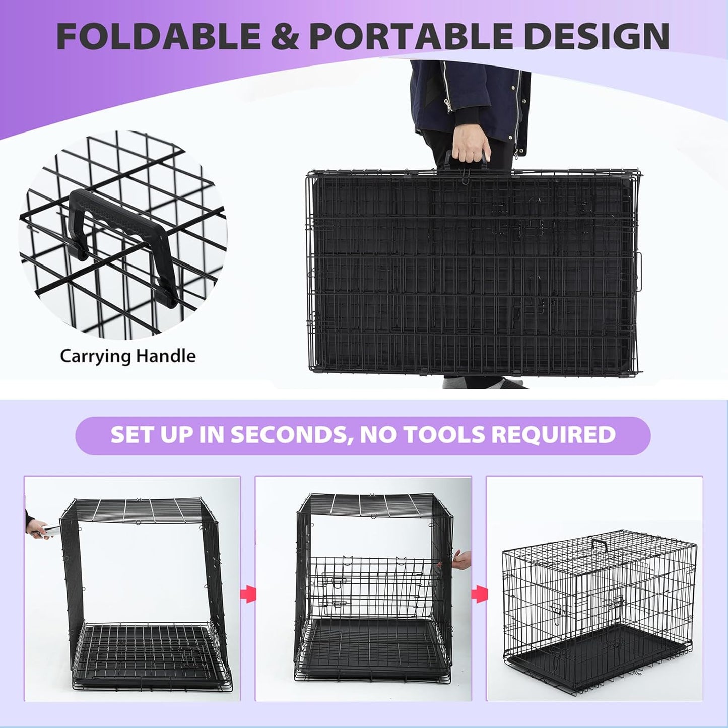 BestPet | Dog Crate | 48" | Black | Foldable Metal Kennel with Double Doors, Secure Slide-Bolt Latches, Leakproof Tray | Portable Dog Cage for Large Breeds | for Travel, Indoor & Outdoor Use