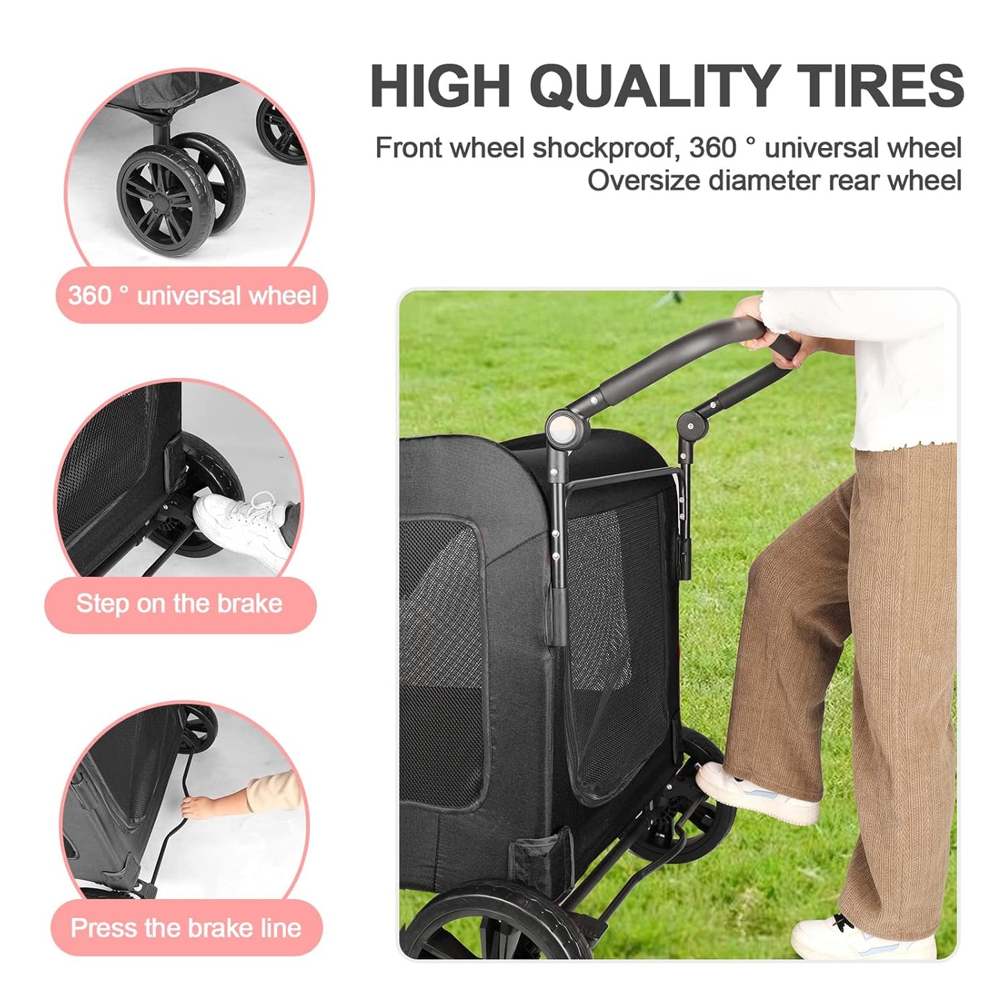 Large Dog Travel Stroller with 4 Heavy Duty Wheels Pet Stroller with Adjustable Handle - Double Doggie Capacity Jogger Wagon with Back Front Door for Small Medium Large Dogs (Black)