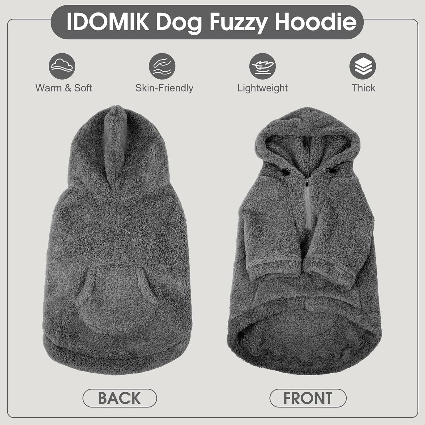 IDOMIK Fuzzy Dog Sweater with Adjustable Hood, Warm Fleece Dog Sweater Hoodie with Harness Hole & Pocket, Pullover Sweaters for Medium Dogs, Fuzzy Hooded Sweatshirt for Fall Winter Christmas,Grey,M