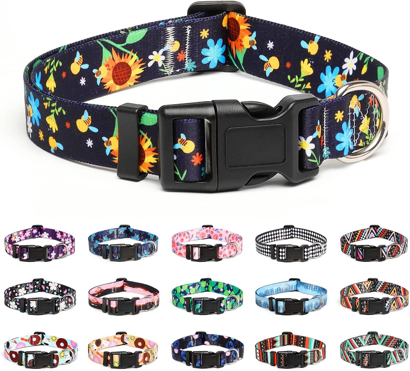 Mercano Adjustable Dog Collar - Special Design Patterns, Soft Nylon Comfortable Sturdy Pet Collar for Small Medium Large Dogs (L, Sunflower)