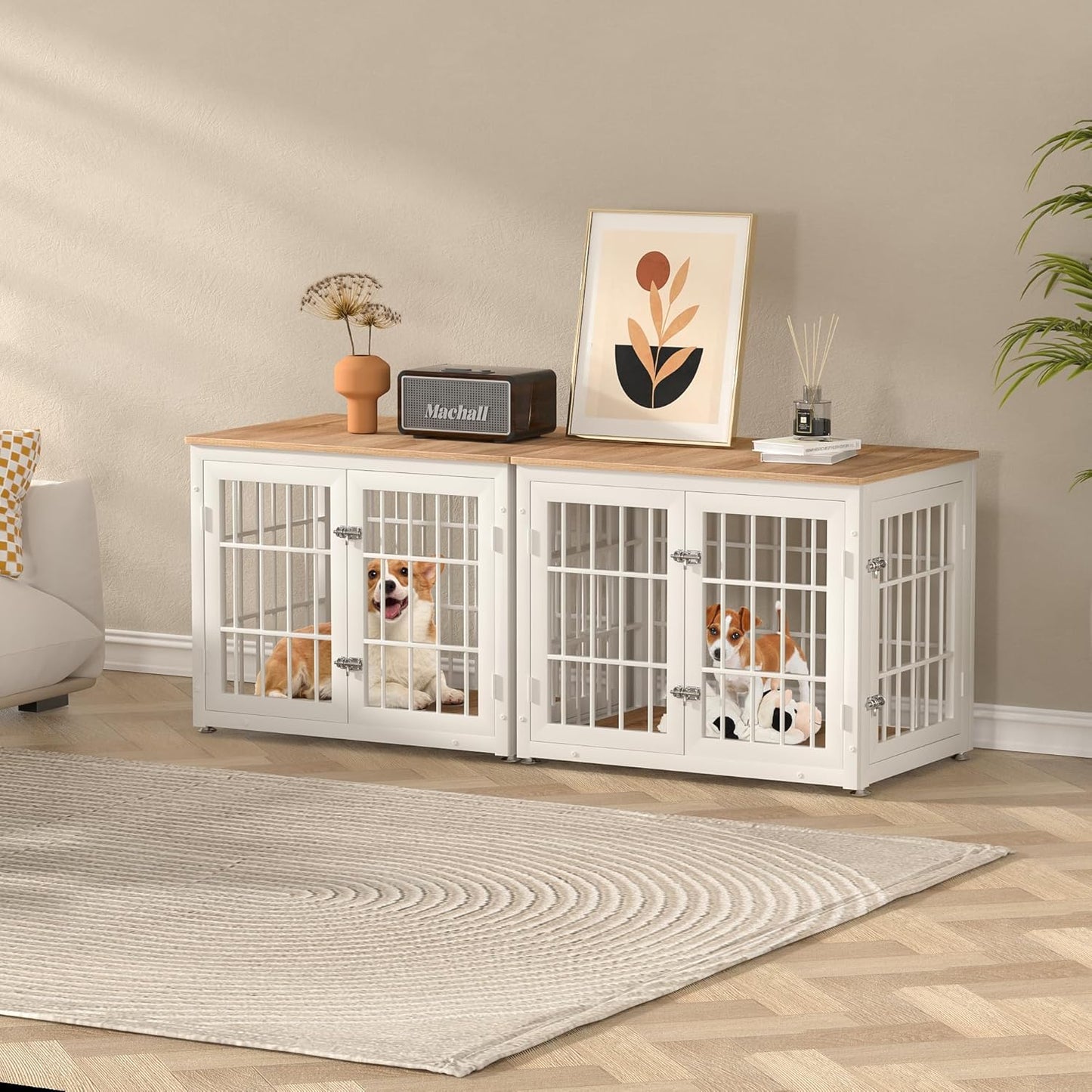 32 Inch Heavy Duty Dog Crate Furniture for Medium and Small Dogs, Decorative Pet House End Table, Wooden Cage Kennel Furniture Indoor, Natural and White