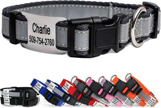 GoTags Reflective Personalized Dog Collar with Nameplate, Adjustable Dog Collar with Custom Engraved Steel Slide On Pet ID Tag, Silent, No Noise Dog Tag for Large Medium or Small (Charcoal, Medium)