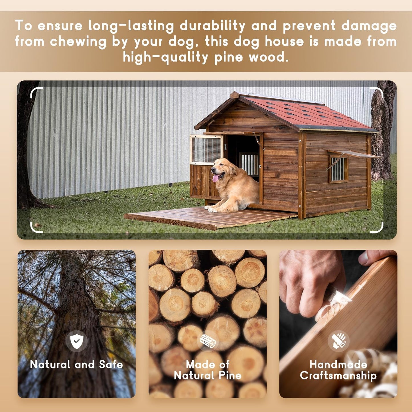 Extra Large Dog House Outdoor Made of Solid Pine Wood, Warm Doghouse, Dog House with Elevated Floor for Medium Dogs, (Wood, L)