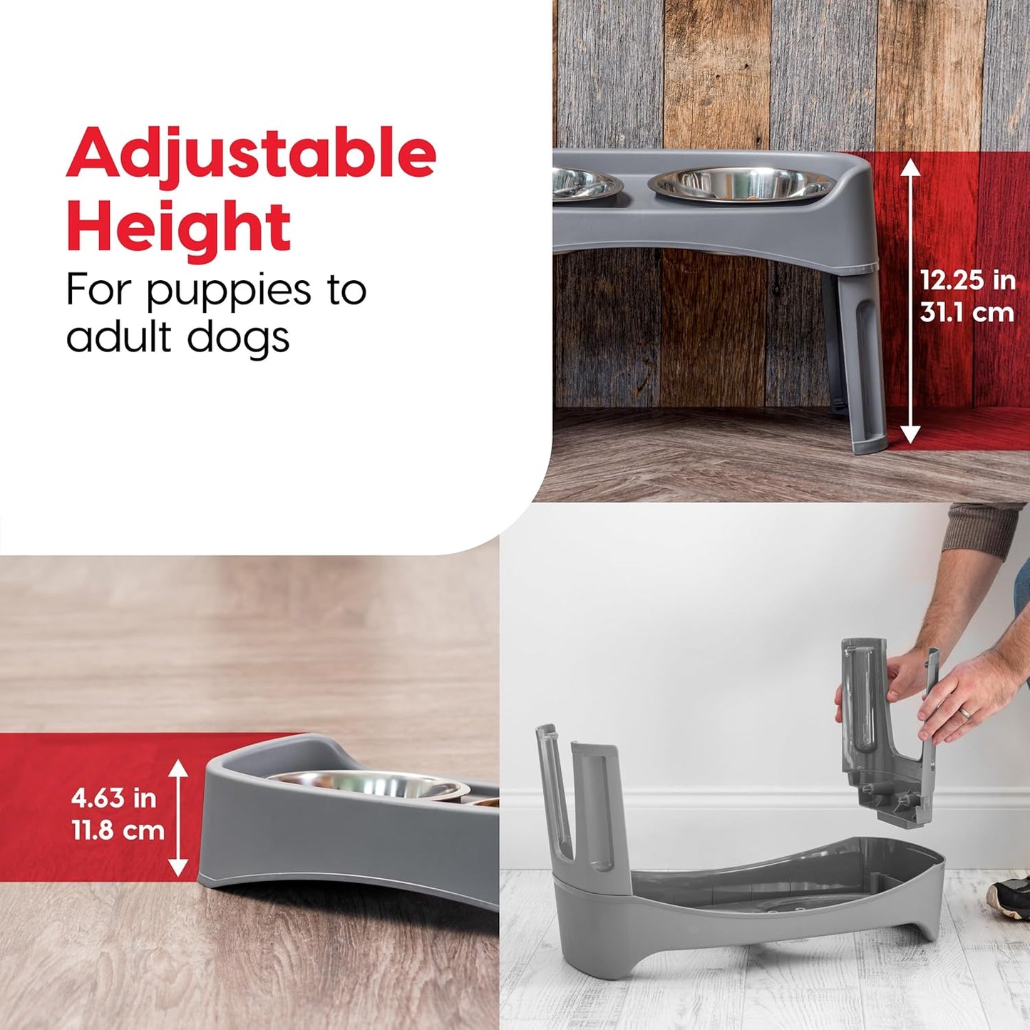 IRIS USA Elevated Dog Bowls, Adjustable Height, 2 Thick 64 oz Stainless Steel Bowls, Spill-Proof with Raised Outer Rim, Durable Made in USA Plastic, Easy Assemble, 2 Heights 4.63" or 12.25" Dark Gray