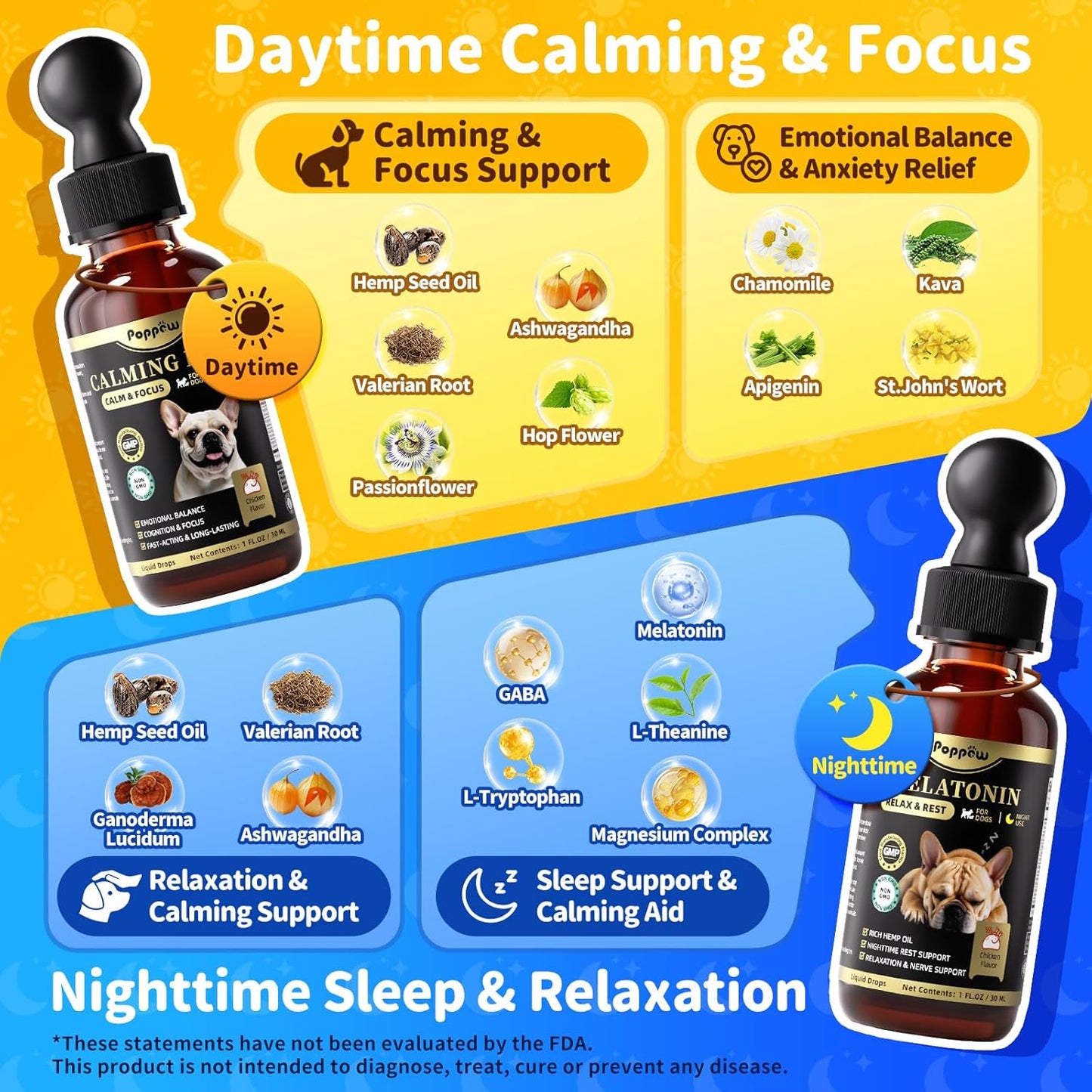 Hemp & Melatonin Calming Drops for Dogs – Day & Night Calming Treat for Anxiety Relief, Stress, Aggression, Separation, Relaxation & Sleep Aid, Chicken Flavor, 2 FL Oz