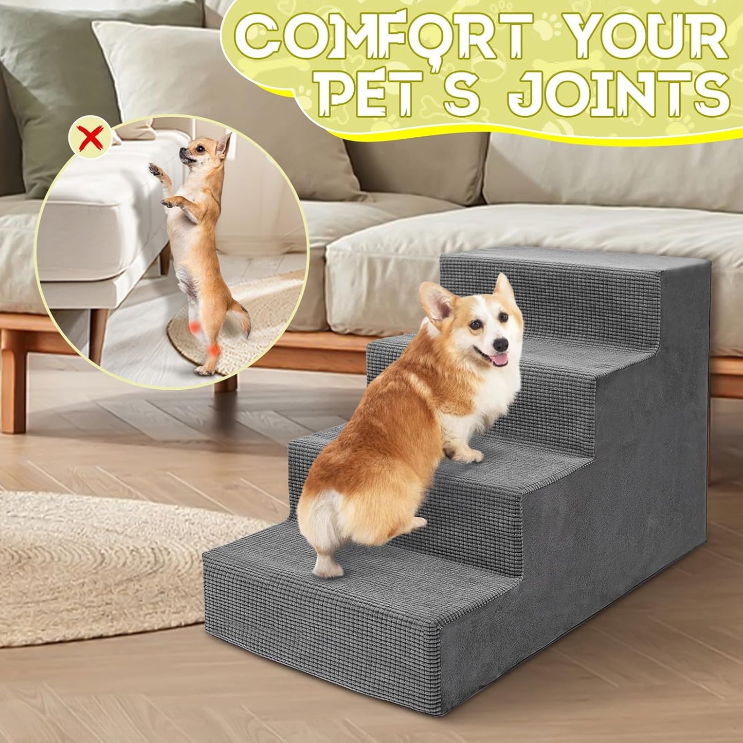 Niubya Dog Stairs for Small Dogs and Cats,18'H Non-Slip Bottom Pet Steps for High Beds and Couch,High-Density Foam Pet Stairs Grey,4 Steps