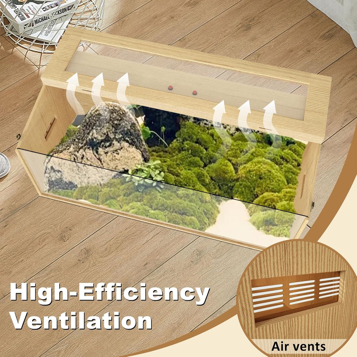 80 Gallon Reptile Terrarium, Large Snake Enclosure, Lizard and Leopard Gecko Tank With Openable Roof Door, Lockable Bearded Dragon Enclosure (Wooden, 48" L x 20" W x 20" H)