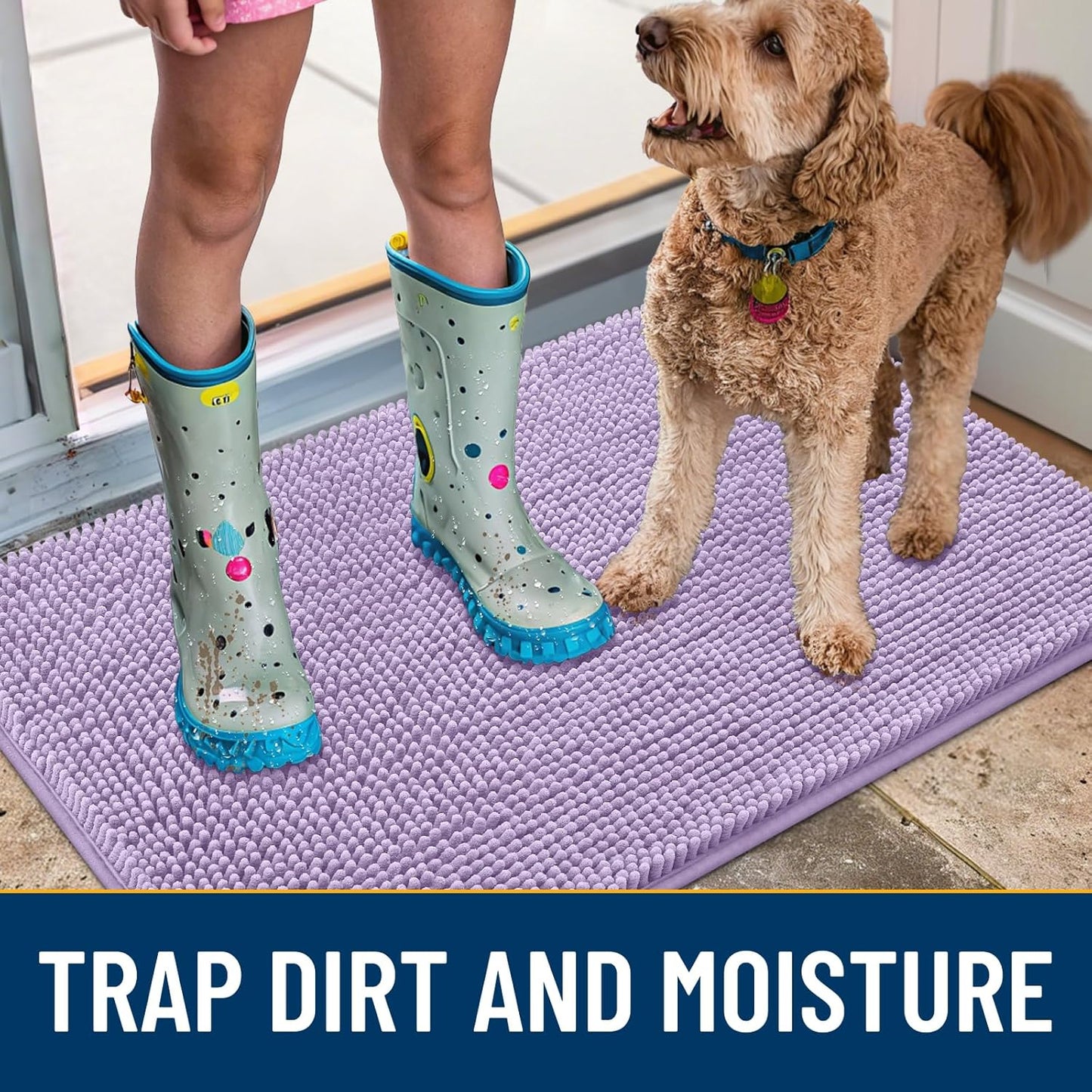 Smiry Dog Door Mat for Muddy Paws 30x20, Absorbs Moisture and Dirt Doormat, Non-Slip Washable Quick Dry Chenille Front Door Mat Indoor Entrance, Entryway Carpet for Inside Floor, Lavender