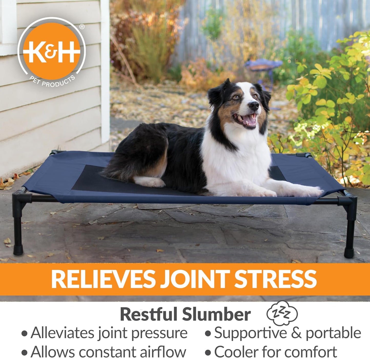 K&H Pet Products Outdoor Elevated Dog Cot, Breathable Cooling Elevated Cot Hammock Pet Bed for Large Dogs, Washable Mesh Cover, Raised Metal Frame, Collapsible, Portable - Large 42 X 30in Blue