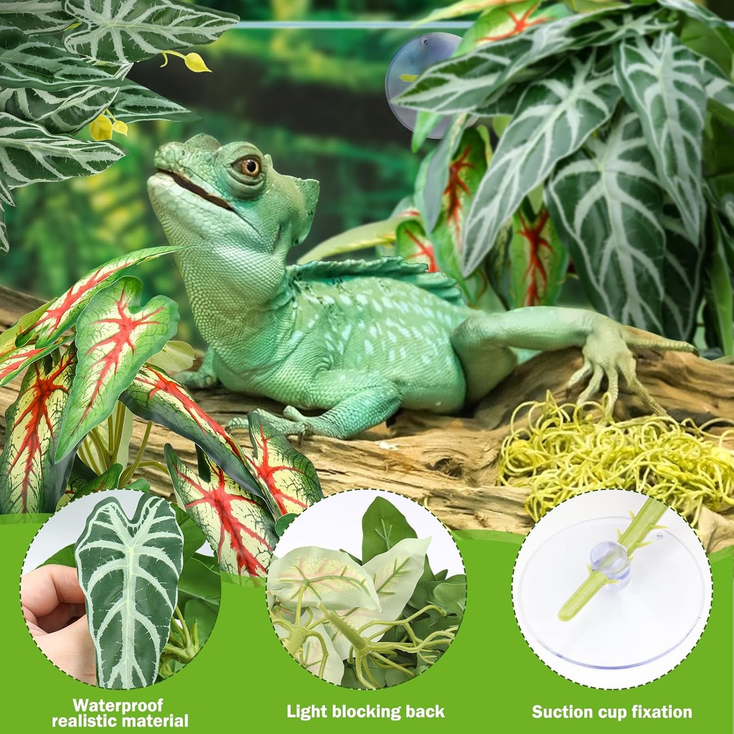 2 Pack Reptile Plants for Terrarium, Artificial Leaves Habitat Decorations with Suction Cups, Terrarium Hanging Plants Vines for Bearded Dragons Lizards Snake Geckos Frogs - red and White