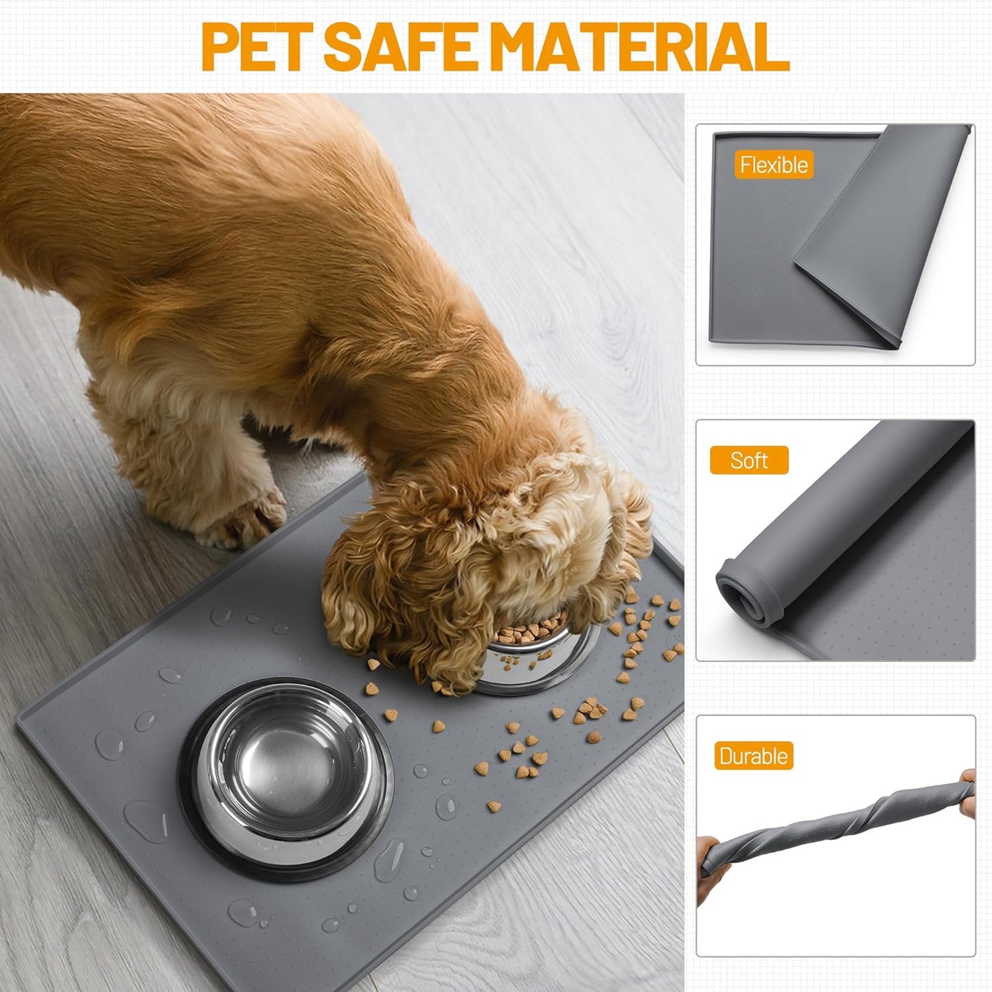 Hubulk Dog Feeding Mat,100% Waterproof Food Grade Silicone Pet Food and Water Bowl Placemat,Dishwasher, High Raised Edge to Prevent Spills,Nonslip Tray to Stop Messes on Floor (19"x12"x0.5", Grey)