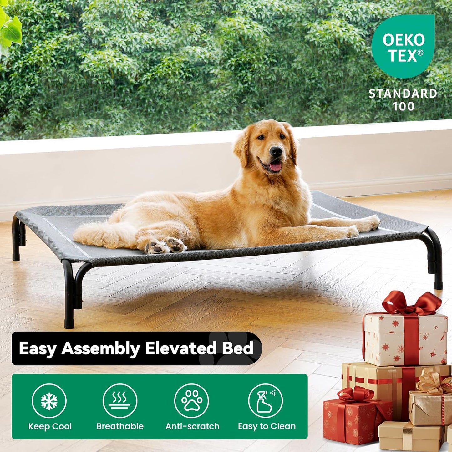 Elevated Dog Bed Raised Outdoor Dog Cot for Extra Large Dogs, Installation Requires No Tools, Frame with Washable Cooling Breathable Mesh Anti-Slip Feet, Indoor Pet Bed, Grey, 48.8 Inches