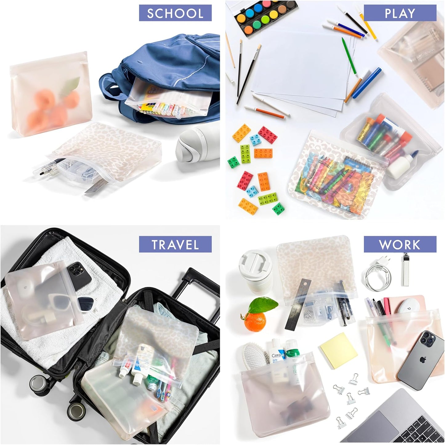 Fit & Fresh Reusable PEVA Storage Bags 3 Pack, Reusable Food Storage Bags, LeakProof, Durable, Freezer Safe, Hand Wash, Easy to Clean, Eco-Friendly, Ivory Feline Fine