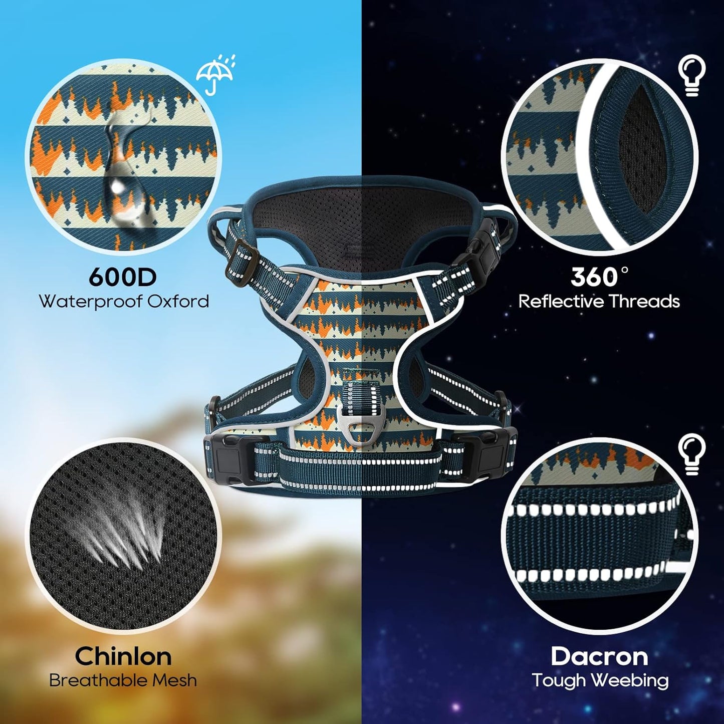 Timos Dog Harness, NO Need Go Over Dogs Head 3 Snap Buckles with 2 Leash Clips, Adjustable Soft Padded No-Pull Dog Harness, Reflective No-Choke Pet Oxford Vest for Small Medium Large Dogs