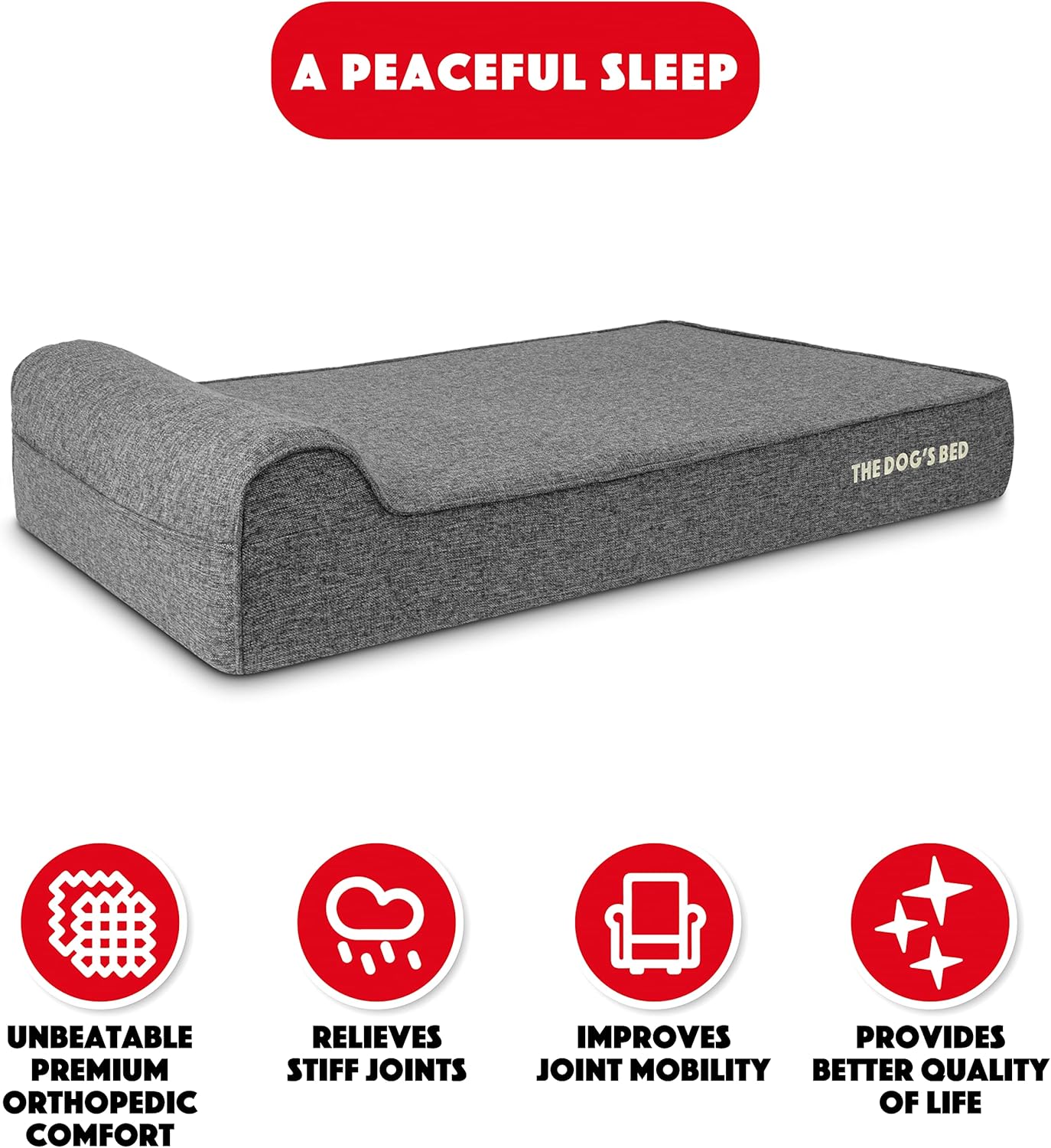 The Dog’s Bed Orthopedic Headrest Dog Bed XL Linen Grey 46x28, Memory Foam, Pain Relief for Arthritis, Hip & Elbow Dysplasia, Post Surgery, Lameness, Veterinary Approved, Waterproof Washable Cover