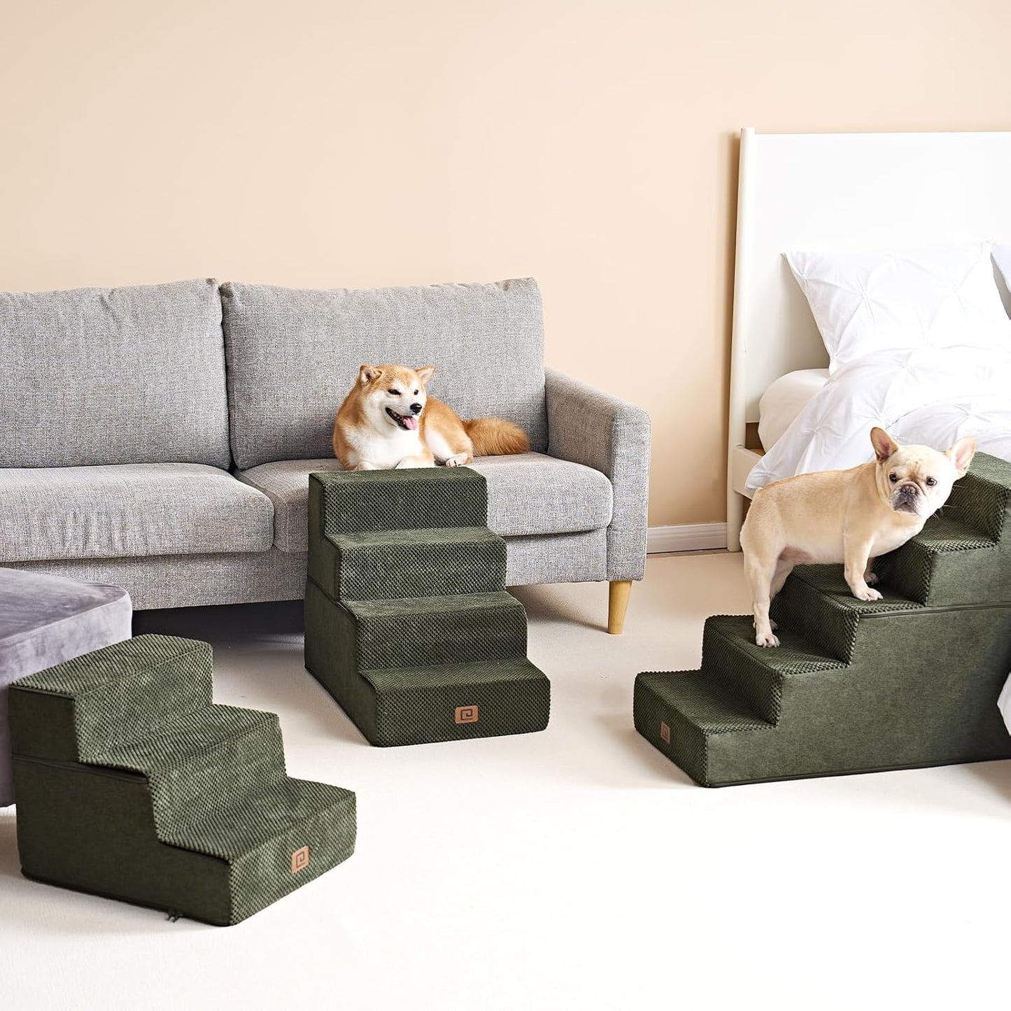 EHEYCIGA Dog Stairs for Small Dogs 13.5" H, 3-Step Dog Steps for Couch Sofa and Chair, Pet Steps for Medium Cats, Non-Slip Balanced Pet Ramp Indoor, Olive Green
