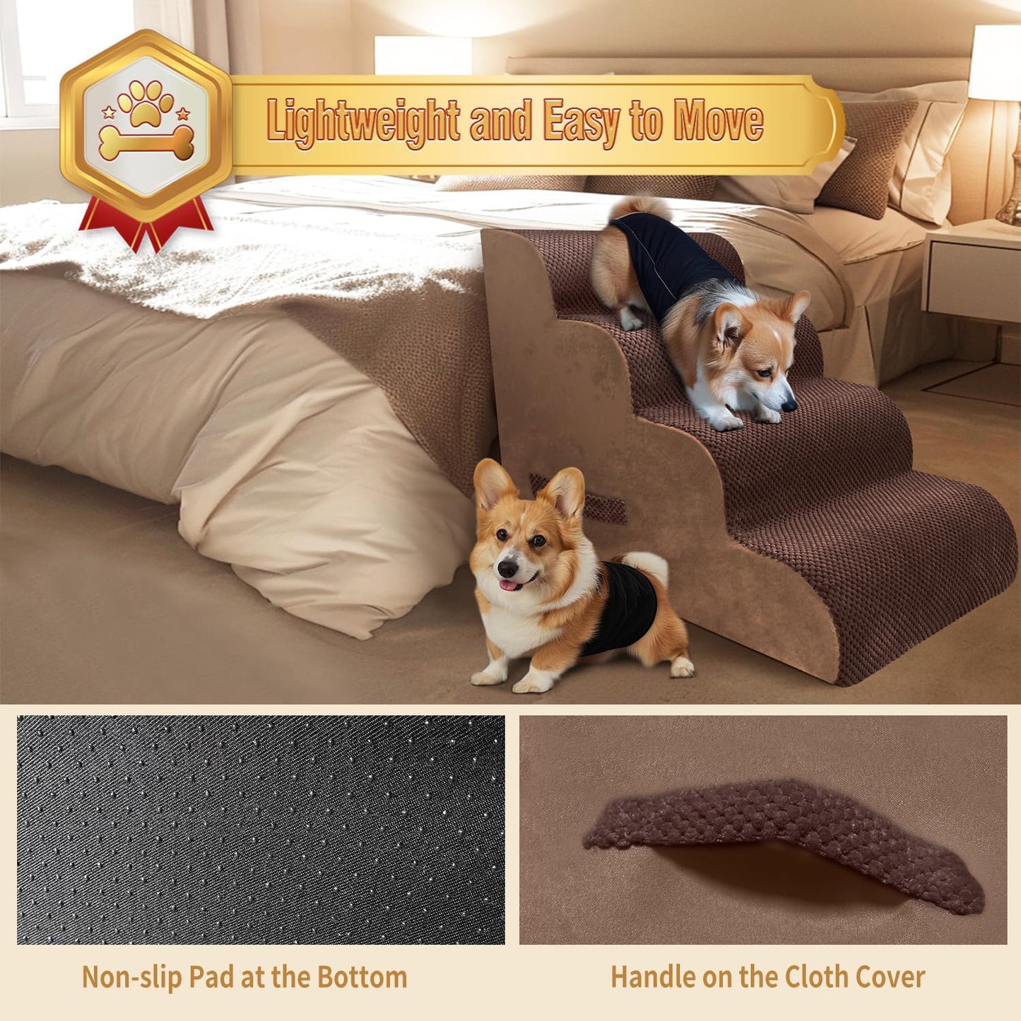 PAWSCART Dog Stairs for Small Dogs and Cats, 4-Step Dog Steps for Bed, 19.6" H Pet Stairs for High Bed, Pet Ramp for Couch, Sofa, Non-Slip Surface Removable Washable Cover, Brown