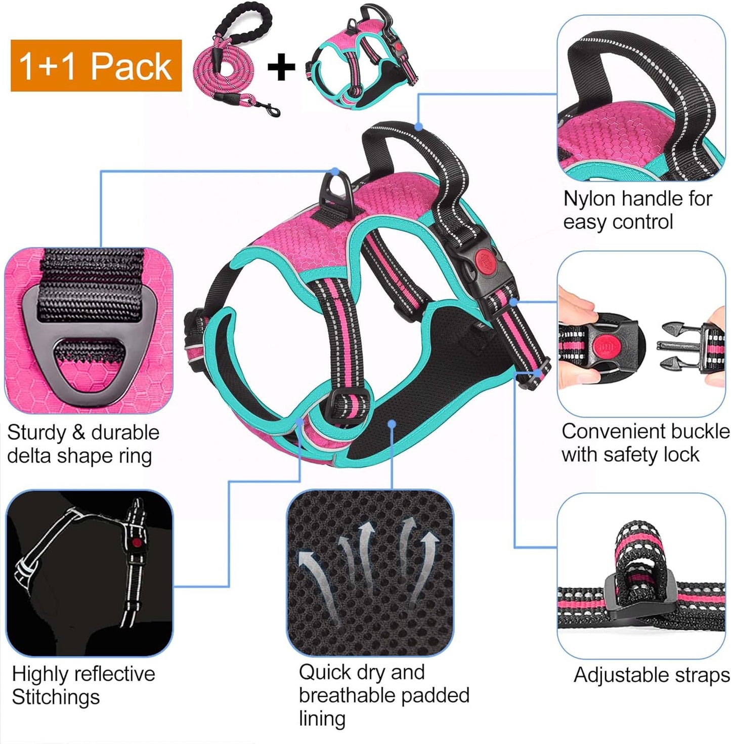 No Pull Dog Harness Adjustable Reflective Oxford Easy Control Medium Large Dog Harness with A Free Heavy Duty 5ft Dog Leash