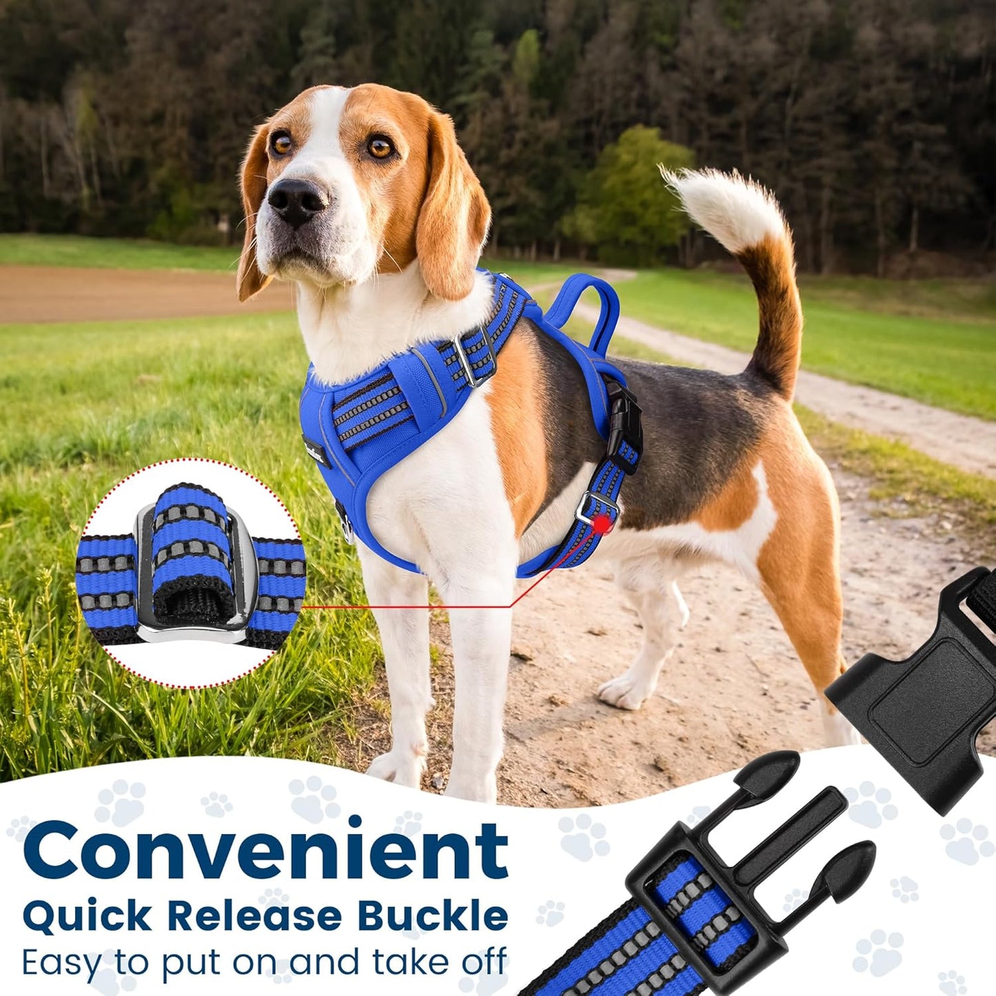 Funfox Dog Harness No Pull, Adjustable Pet Vest Harness, Super Soft Material with Vertical Handle Easy Control, Reflective Night Walking, 2 Leash Clips for Medium Sized Dogs, Blue, M