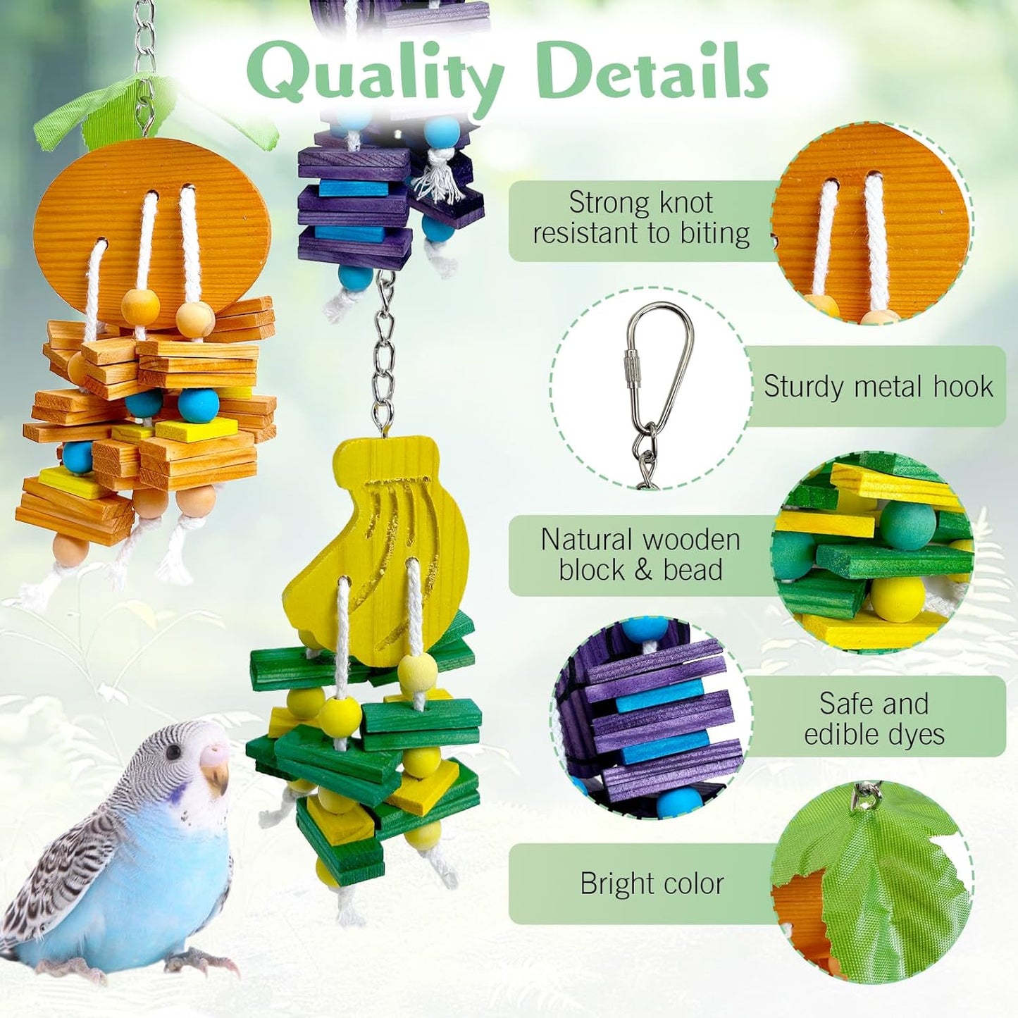 Hamiledyi Natural Wood Block Bird Cage Toys Parrot Chewing Toy Orange&Apple& Banana&Grapes Shaped Hanging Foraging Toy for Small&Medium Birds Parakeets Cockatiels,4pcs