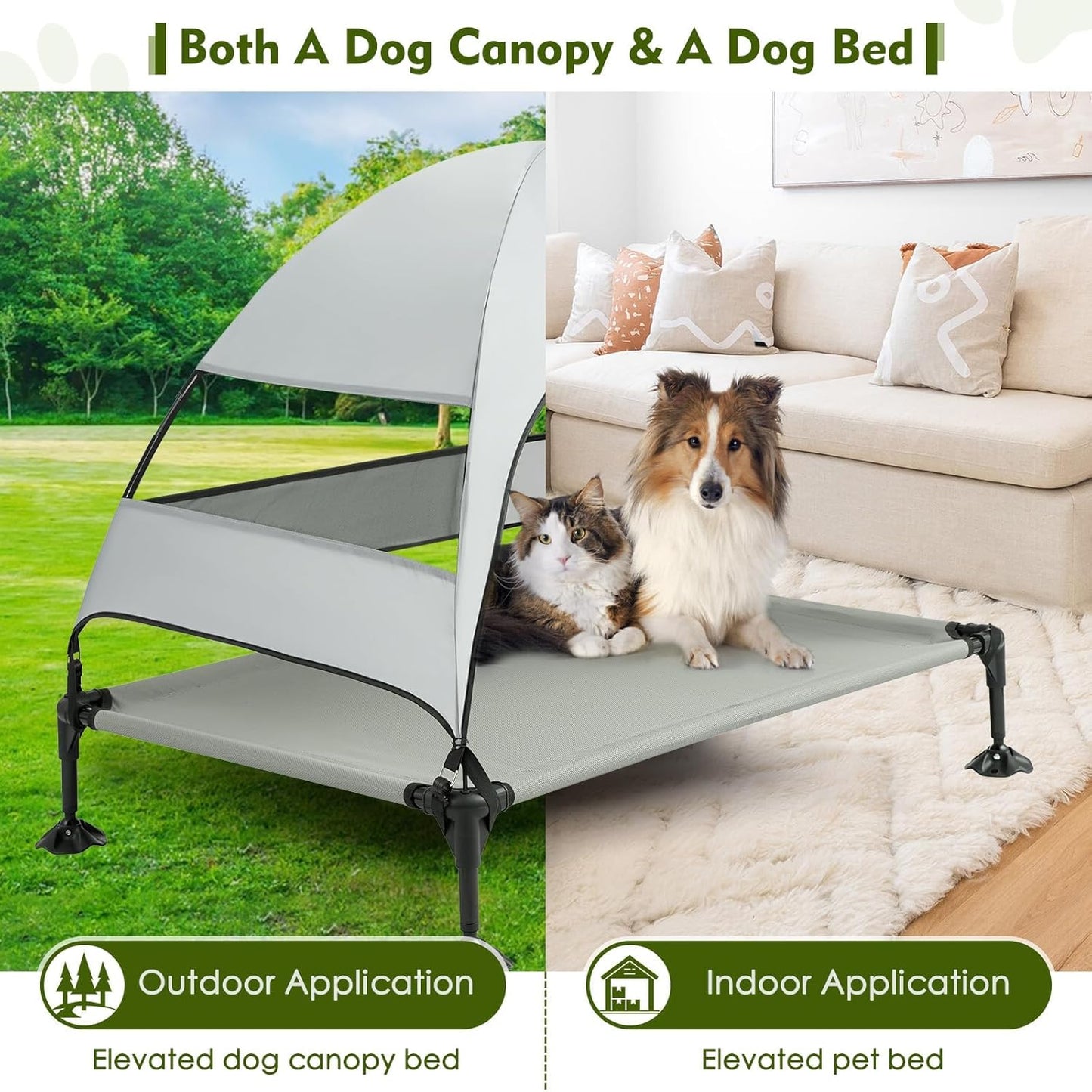 Upgraded Elevated Dog Bed with Canopy, Portable Raised Outdoor Dog Bed with Stable Anti-Slip Feet, Removable Wider Shade, Raised Dogs Cot for Large Pets Camping, Indoor & Outdoor Use