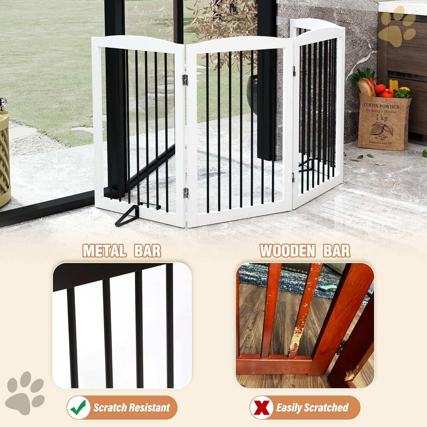 Freestanding Pet Gate - Foldable Wooden Dog Gate, 80 Inch Wide, 4 Panels, White