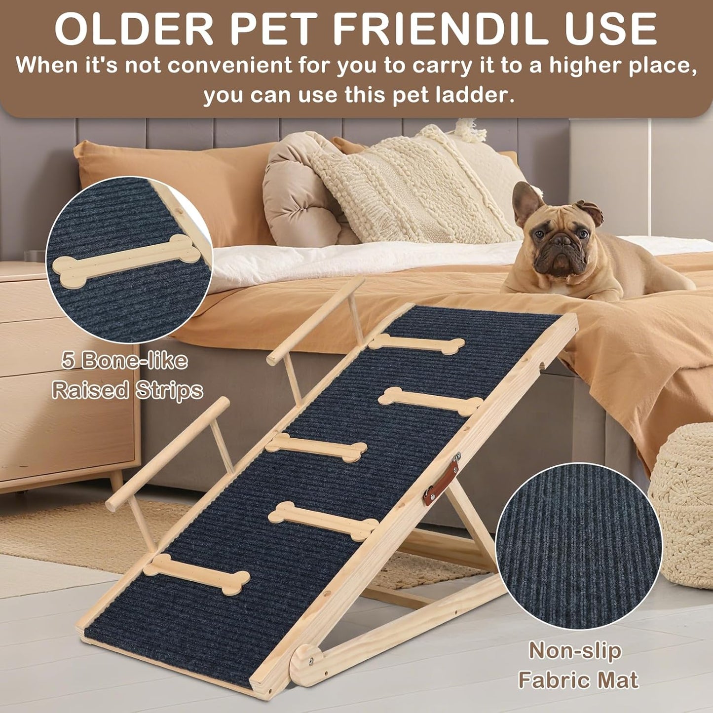 Dog Ramp for Bed, Non-Slip Pet Ramp with 5 Adjustable Heights, Portable Foldable Wooden 40" Long Pet Stairs for Small & Large Old Dogs & Cats - Lightweight & Easy Storage