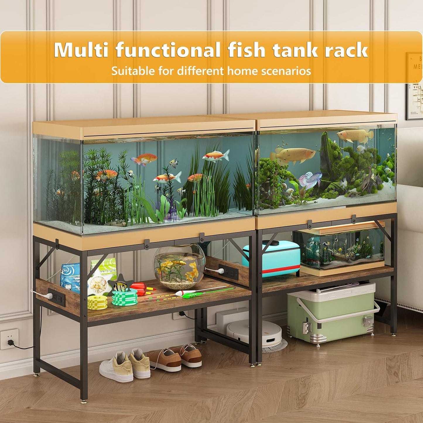 Modern 20 Gallon Long Fish Tank Stand for Home Office, 2-Tier Aquarium Stand with Shelf for Storage, Fish Tank Table 30" x 12" x 20.5", Ideal for Breeder Tanks,and Reptile Terrariums, Rustic Brown
