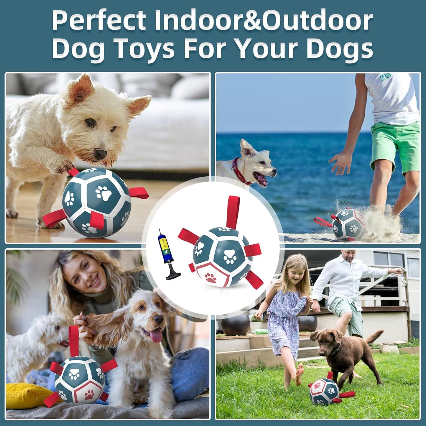 QDAN Dog Toys Soccer Ball with Straps, Outdoor Toys for Tug of War, Puppy Birthday Gifts, Dog Water Toy, Durable Balls for Small Dogs - Blue Red（5 Inch）