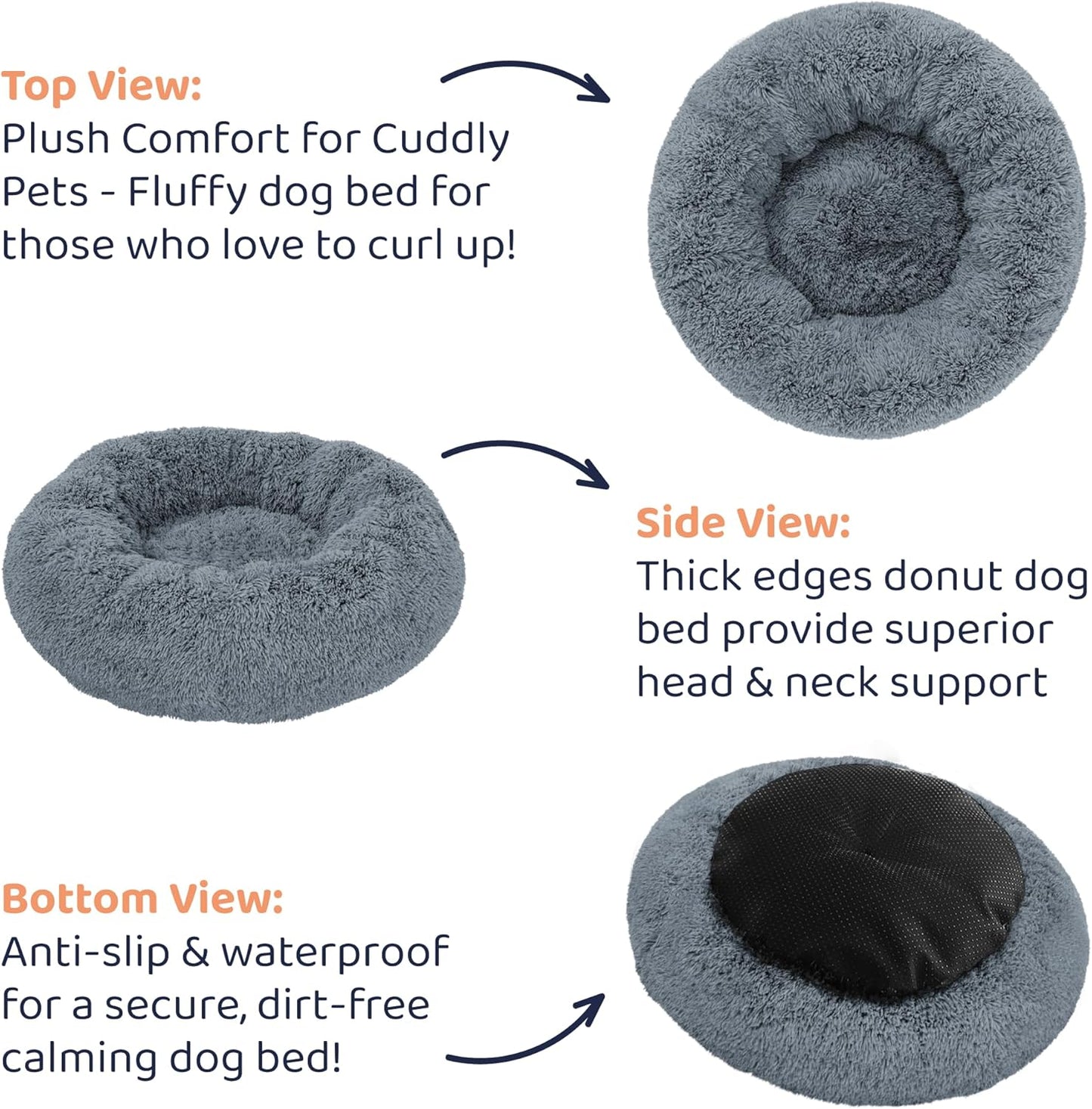 Donut Dog Bed - Premium Comfort for Anxiety Relief - Fluffy & Calming Design with Ultra-Plush Support | Cozy Round Dog Bed with Super Soft Circle Style (Size L Dark Grey)