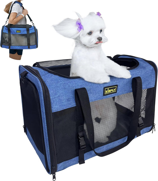 Dog Carriers for Small Dogs, Large Cat & Bunny, Foldable Soft-Sided Pet Travel Bag, up to 25lbs (20"x13"x13"), Breathable and Anti-Scratch Mesh, Perfect for Road Trips, Portable, Blue