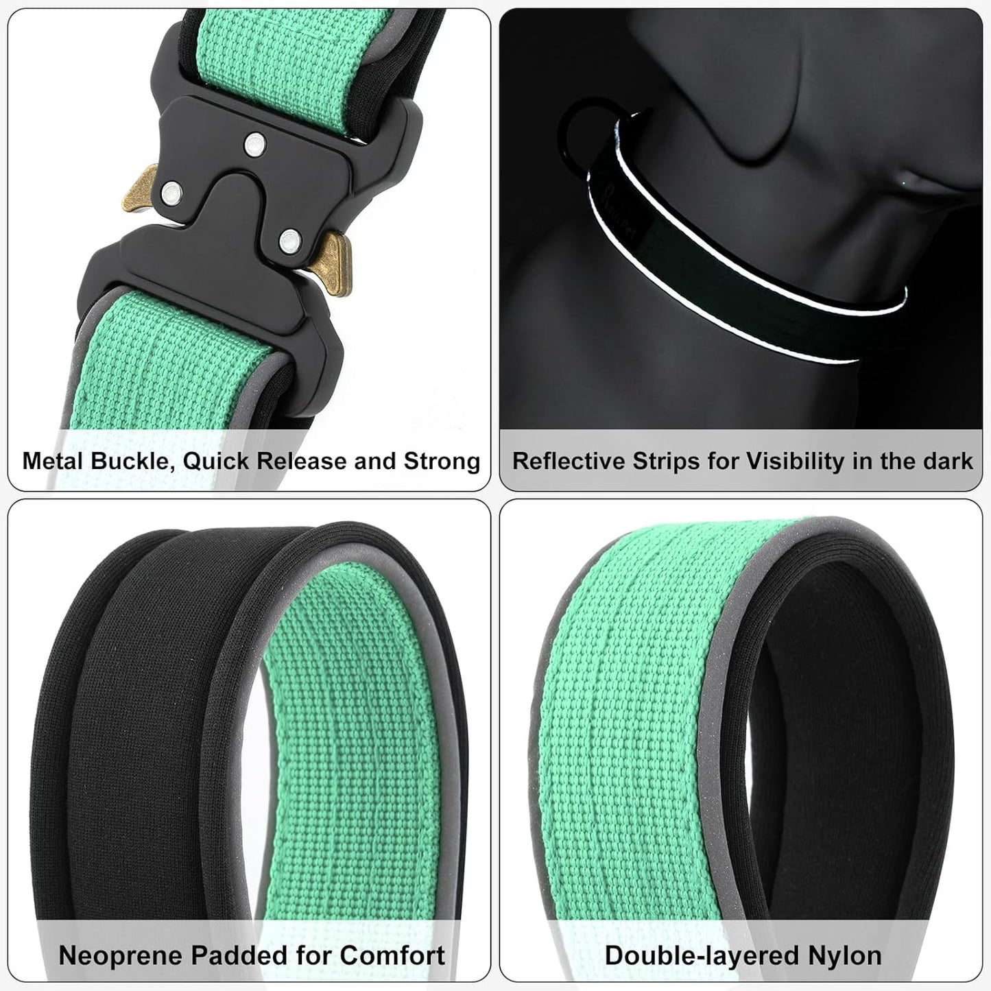 Plutus Pet Tactical Dog Collar, Reflective, Adjustable Heavy Duty Dog Collar, Soft Padded and Comfortable, for Small Medium and Large Dogs (Teal, M)