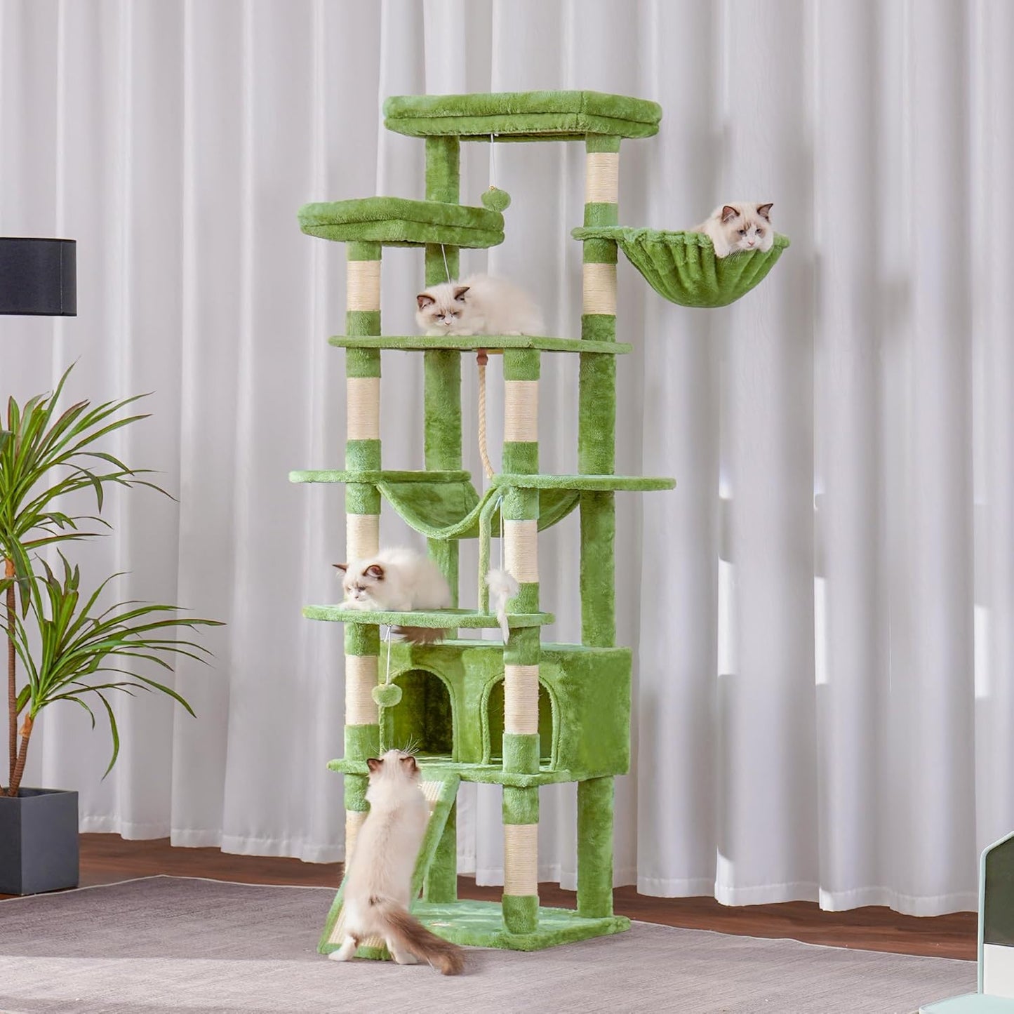 Heybly Tall Cat Tree,78 inch Multi-Level Cat Tower for Indoor Cats, 2 Widened Plush Perches Cat Condo with Scratching Board and Big Caves, Green HCT033GR